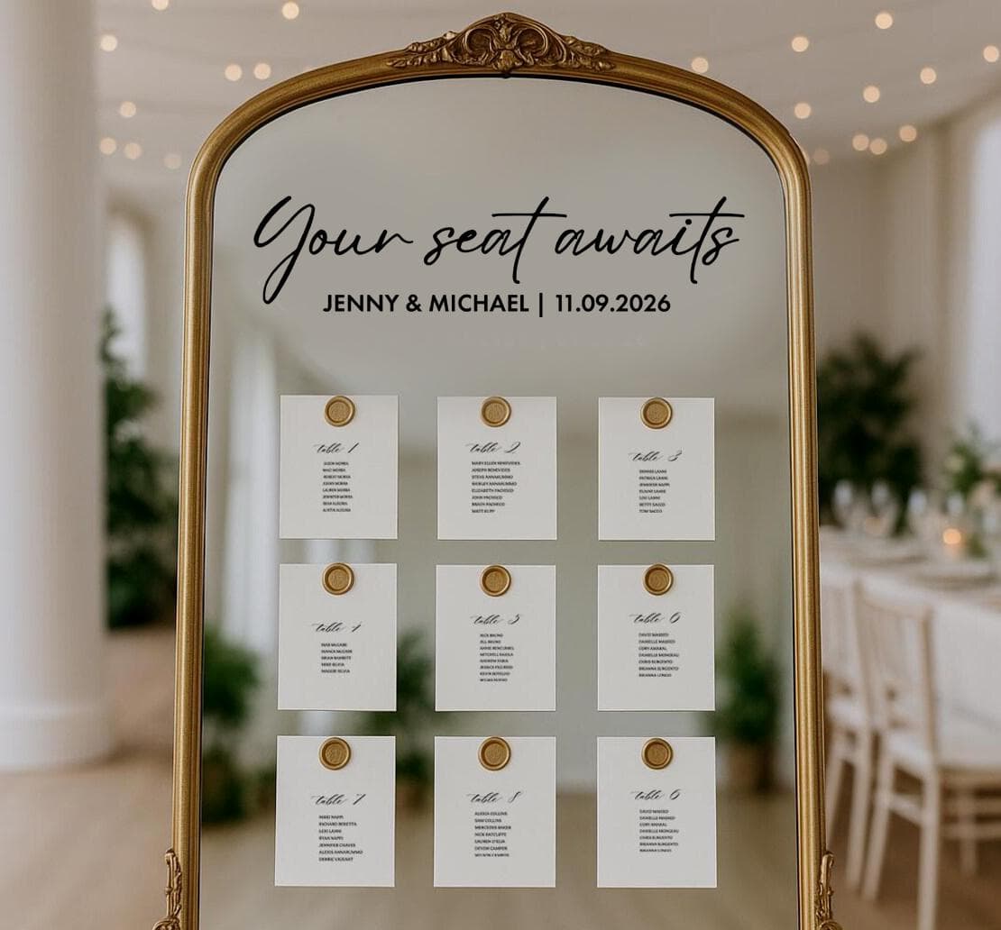 Personalised Wedding Seating Plan Mirror Decal “Your Seat Awaits” – Custom Seating Chart Mirror Sticker – Elegant Wedding Sign Vinyl - image 5