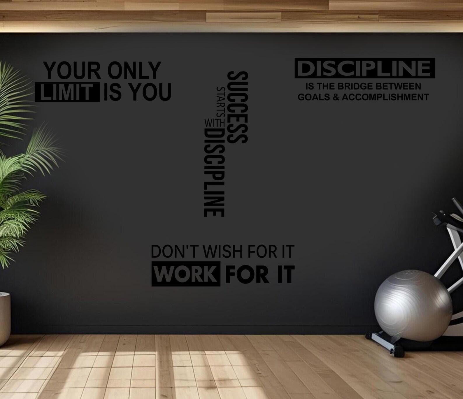 Gym Motivational Wall Stickers Set of 4 | “Your Only Limit Is You” | Discipline | Success | Work For It| Fitness Wall Decal | Home Gym Decor