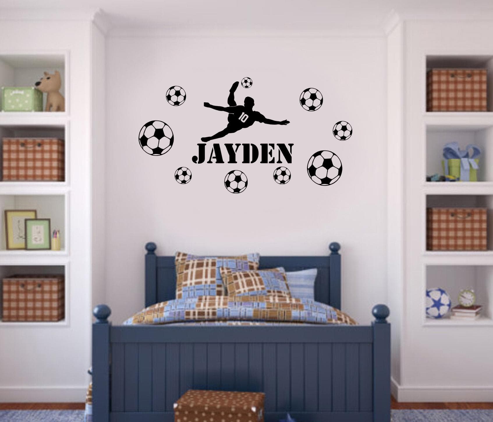 Personalised Football Wall Sticker – Overhead Kick Silhouette with 9 Balls – Custom Name Soccer Bedroom Decal FBOH
