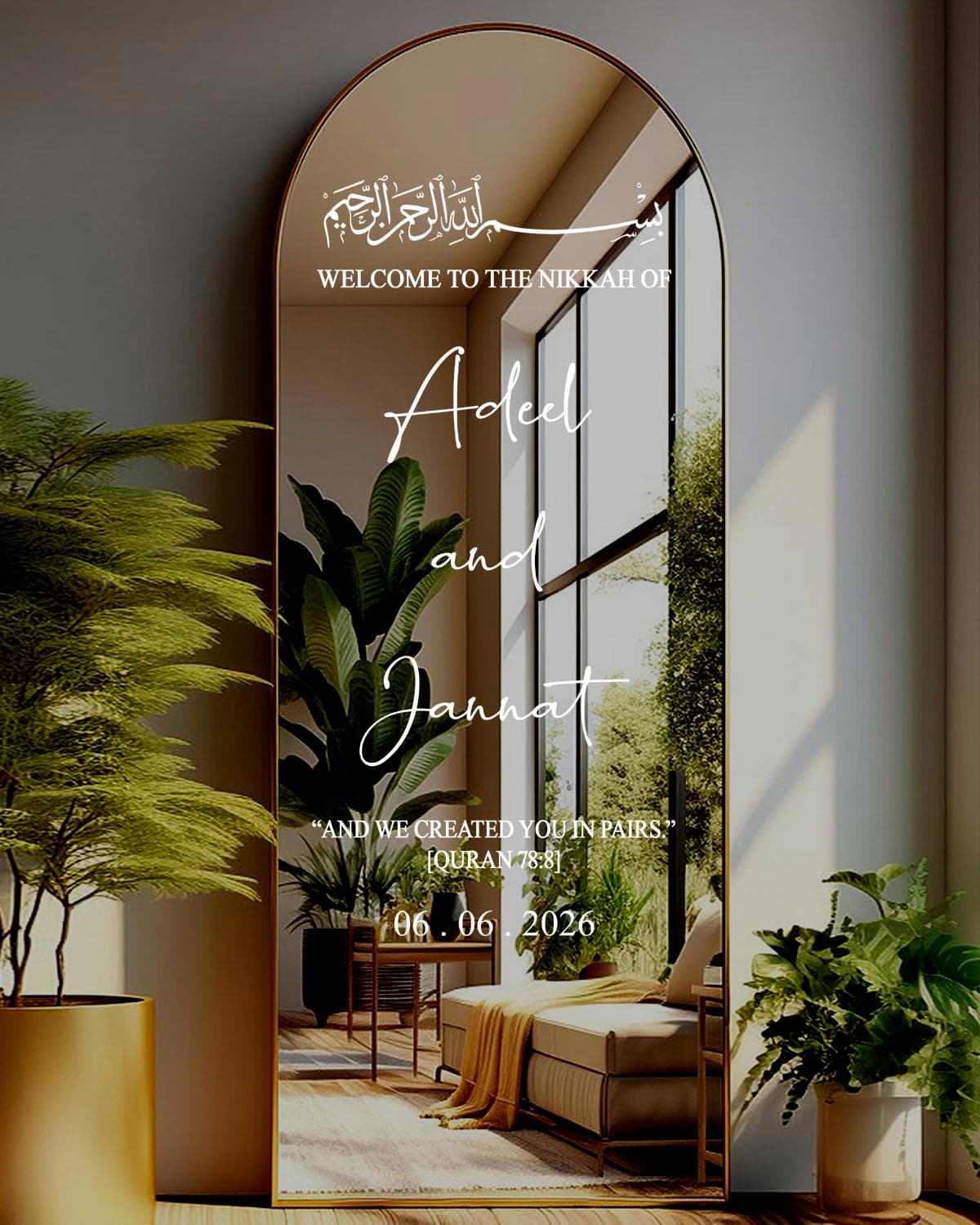Personalised Nikkah Mirror Sign Sticker: Elegant Islamic Wedding Decor N16