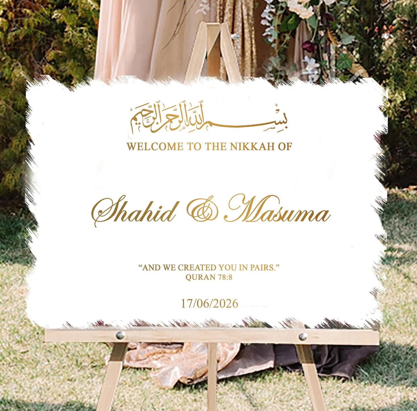 Personalised Nikkah Mirror Sign Sticker: Elegant Islamic Wedding Decor Landscape Design N8
