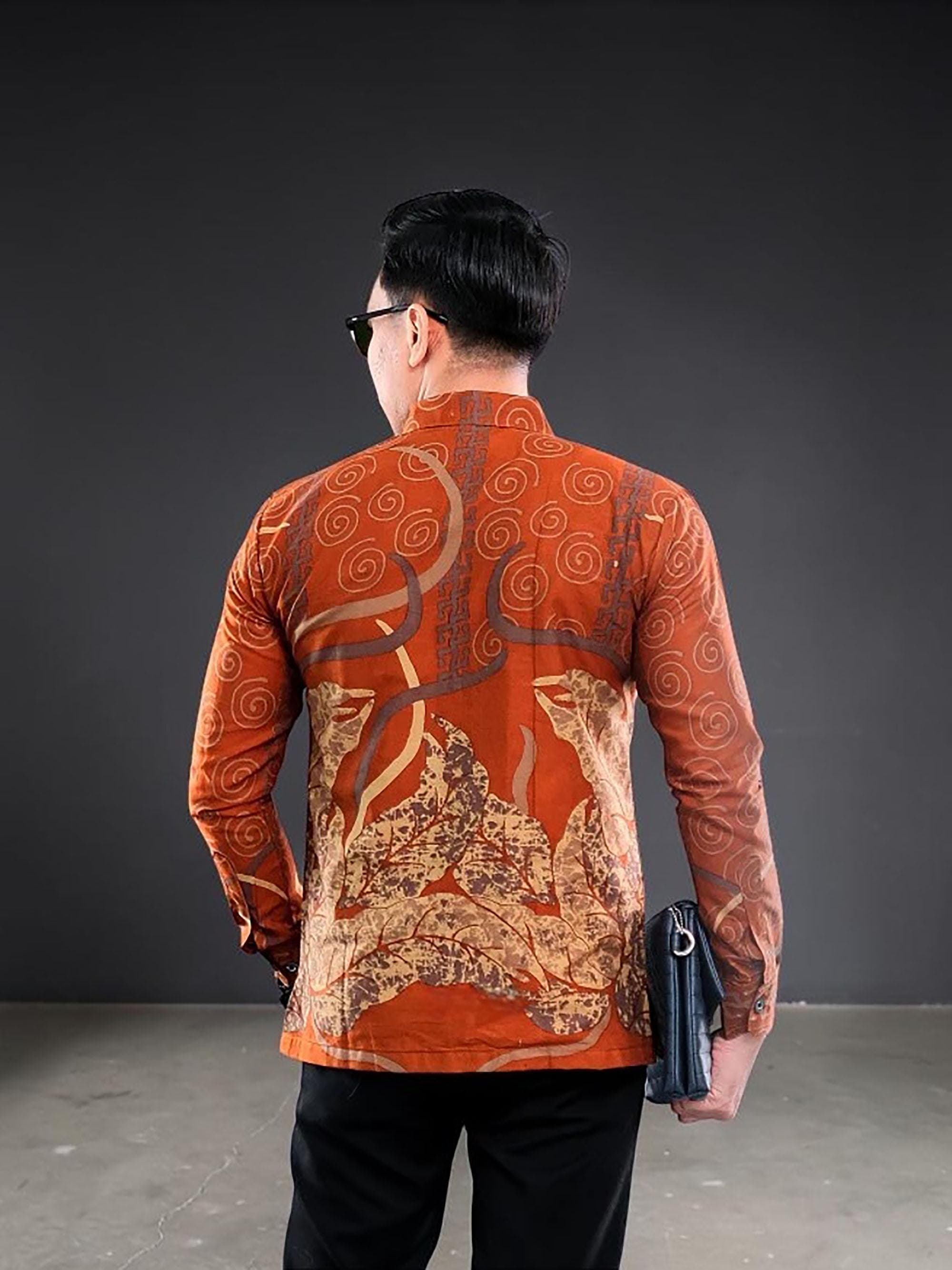 Men's Indonesian Batik Shirt, Ranacotta Cotton Long Sleeve Button Down - image 3