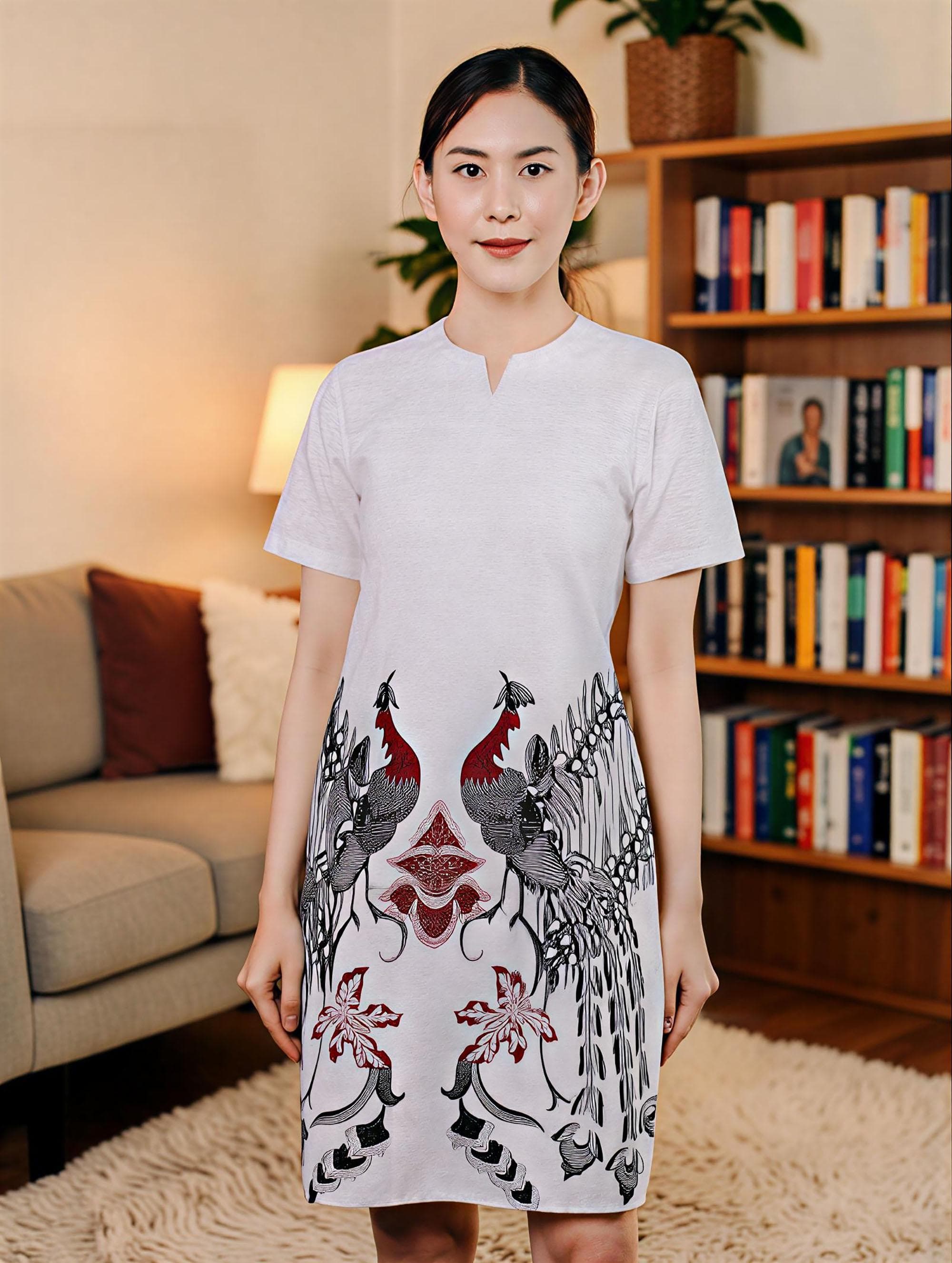 Handmade White Batik Midi Dress – Floral Summer Outfit, 100% Cotton