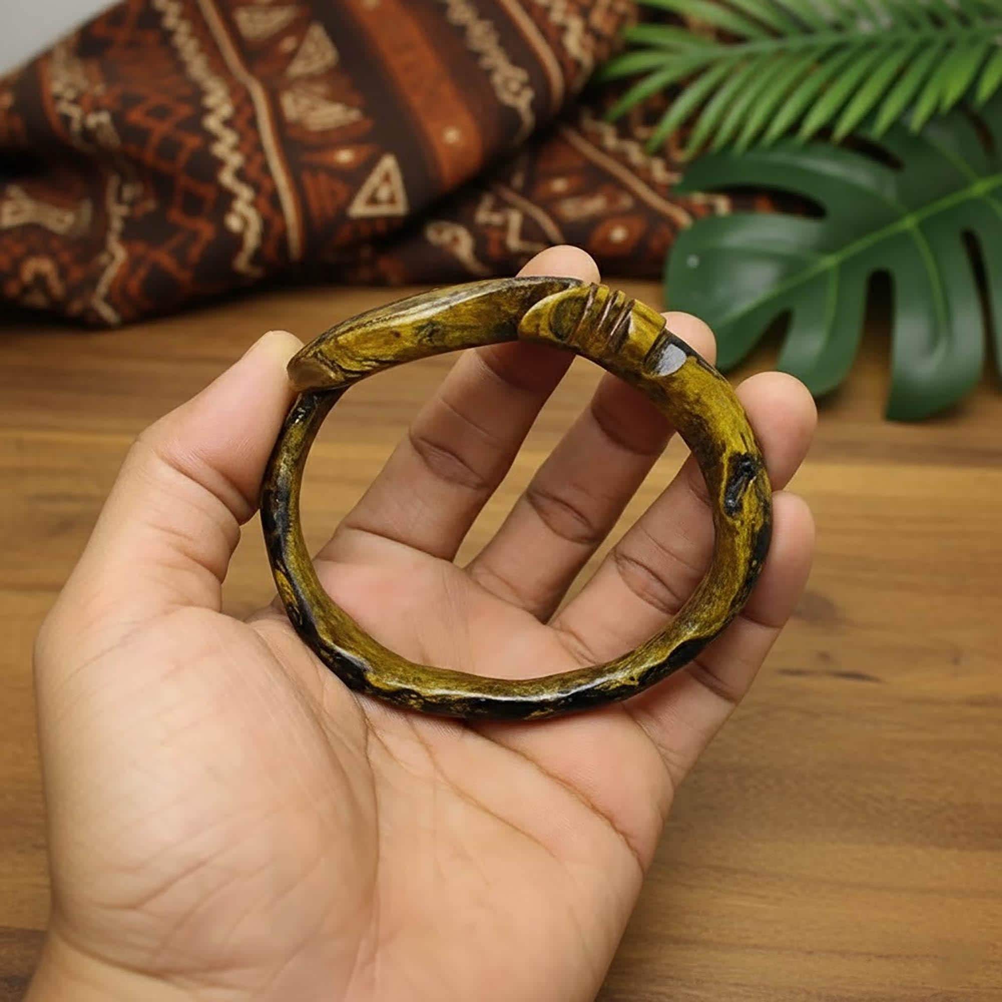 Hand Carved Wood Bangle Bracelet, Tribal Cuff Jewelry - image 4