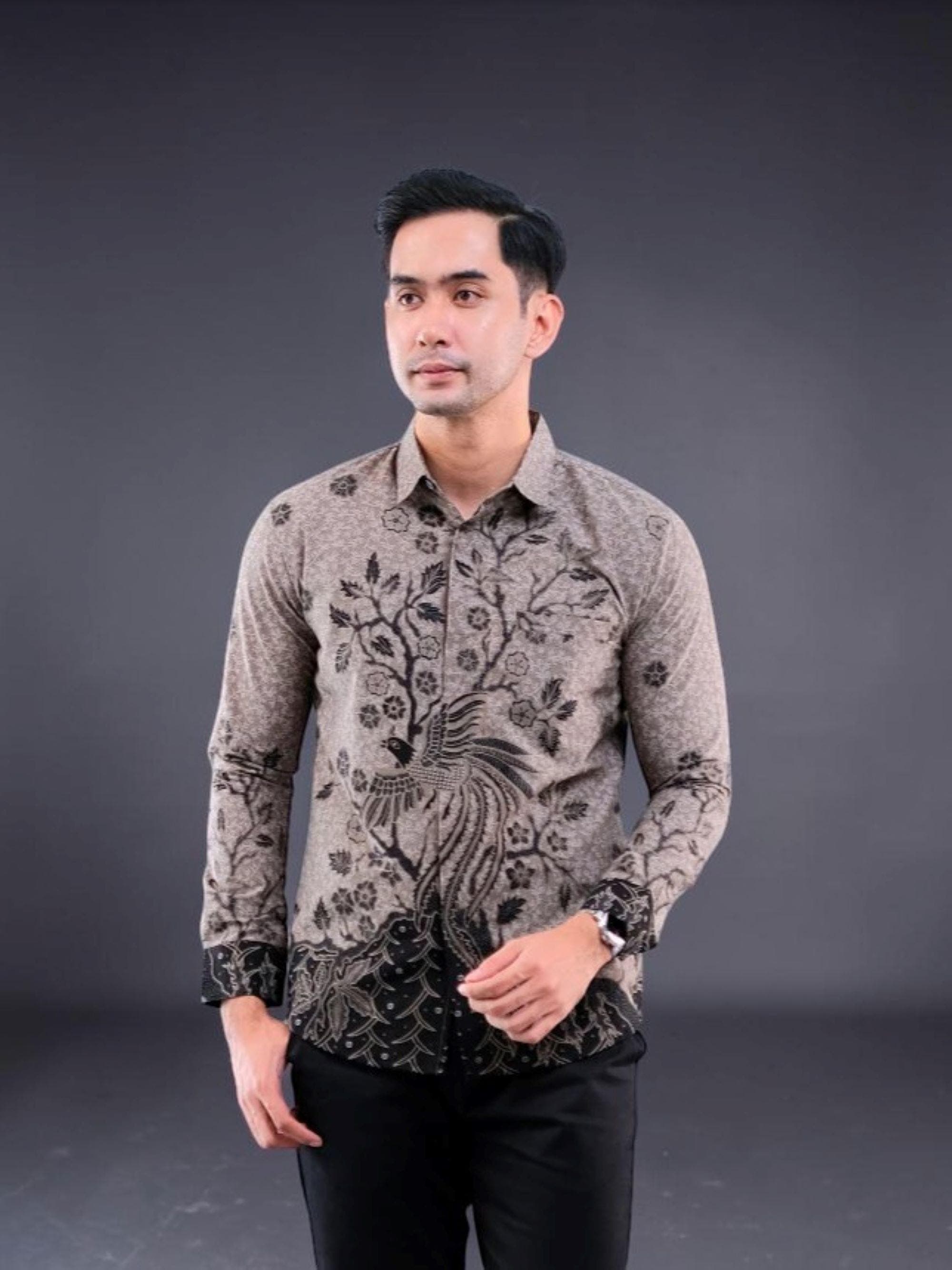 Authentic Javanese Batik Men's Shirt – Grey Black Cotton Slim Fit Formal Wear - image 5