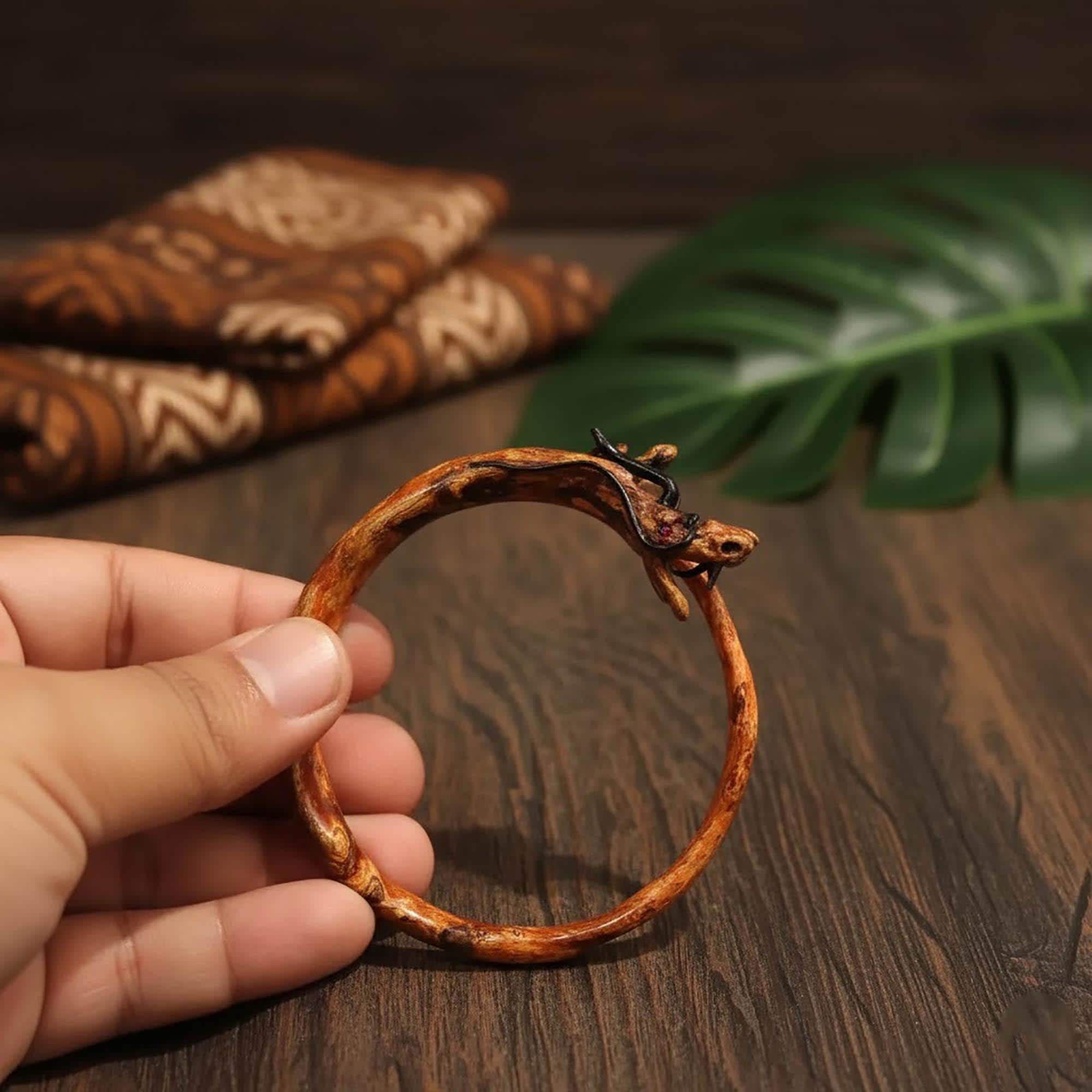 Red Brahma Black Coral Bangle | Hand-Carved Dragon Sea Root Bracelet