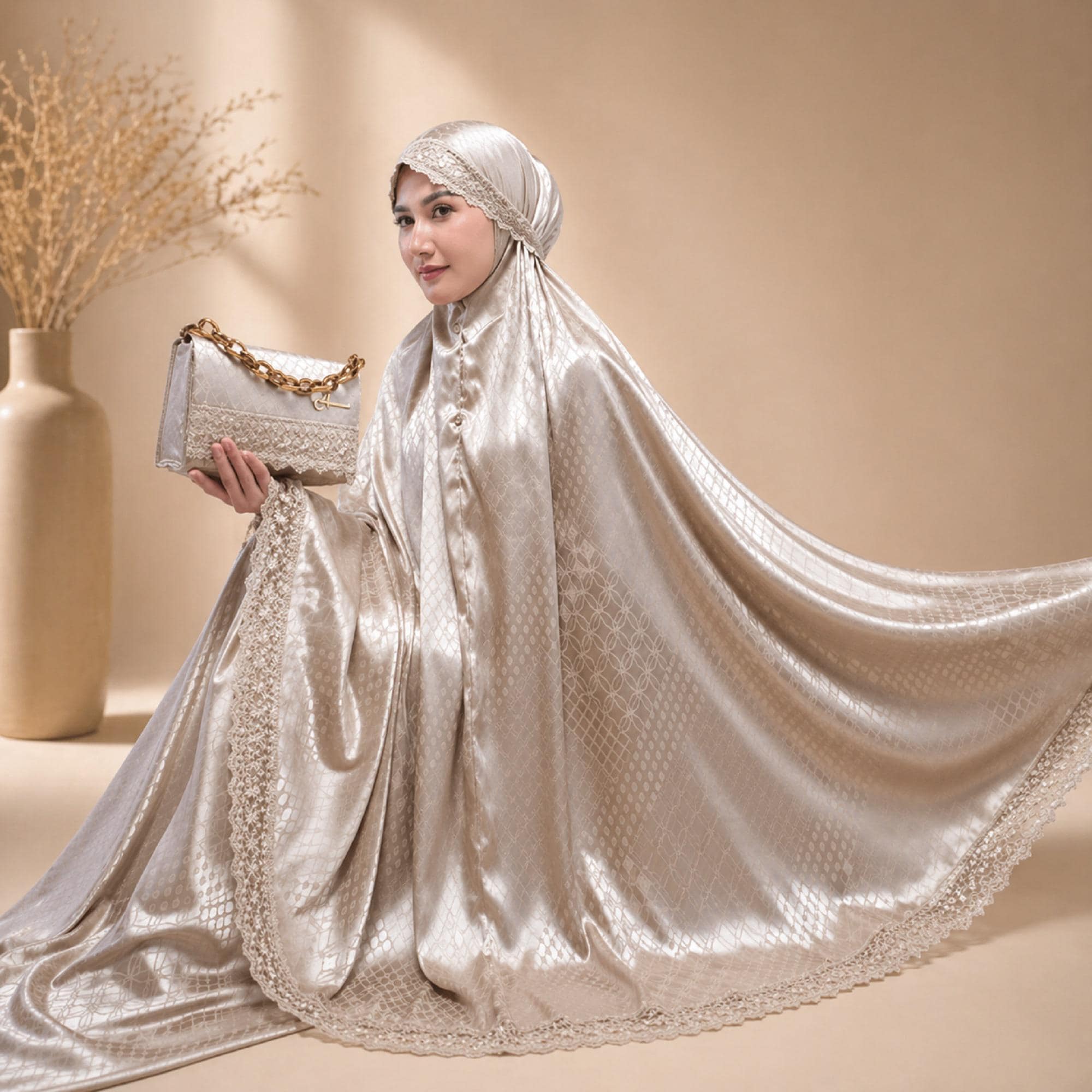 Luxury Silk Prayer Set for Women Lace Muslim Prayer Outfit Gift