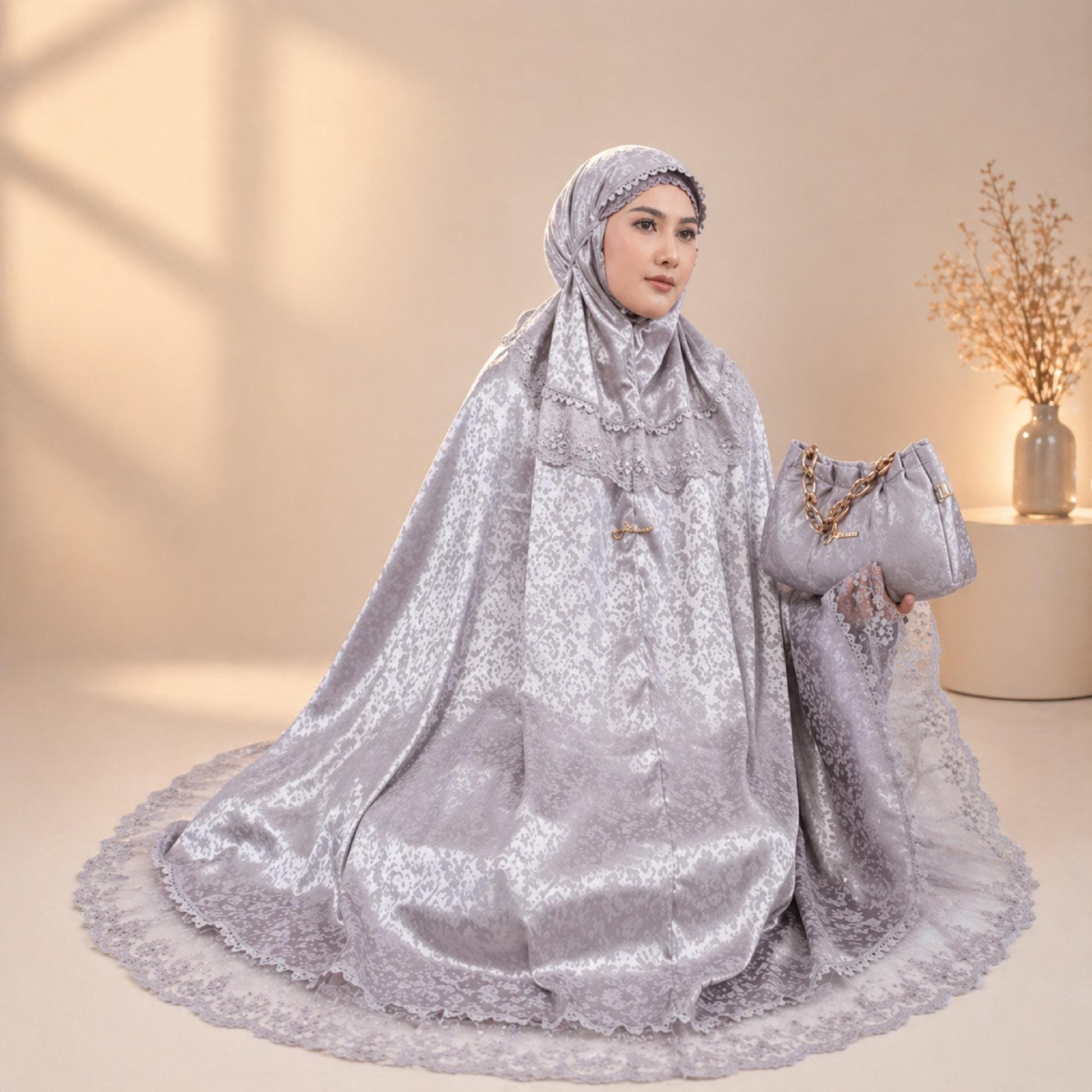 Silk Mukena Prayer Set with Elegant Lace Detailing – Indonesian Modest Wear - image 3