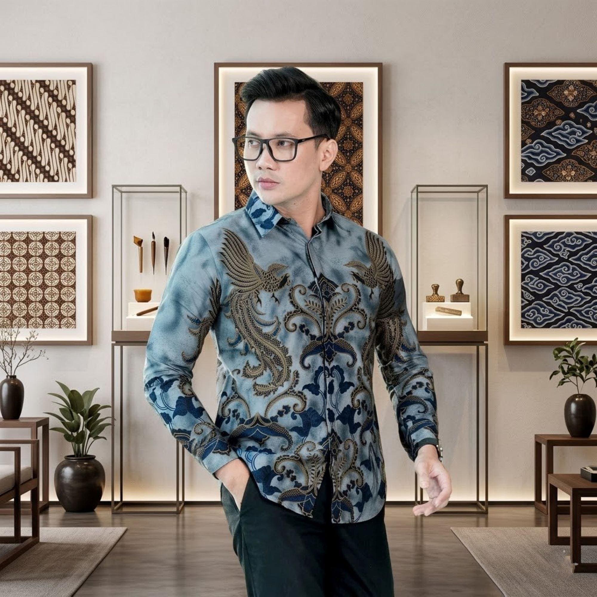 Men's Indonesian Batik Shirt, Long Sleeve Cotton, Slim Fit Ethnic Style