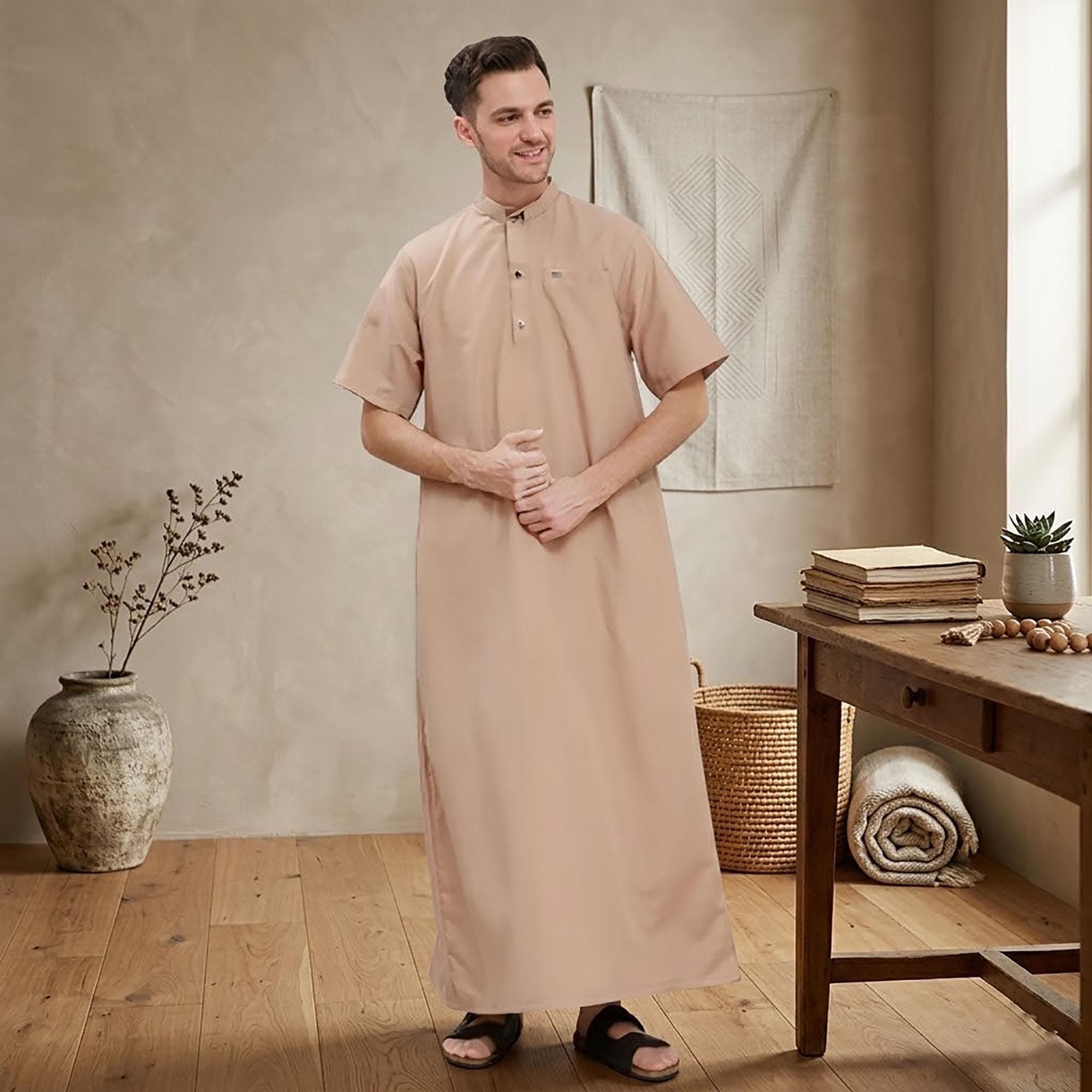 Men's Short Sleeve Thobe | Breathable Cotton Kaftan, Minimalist Arabic Jubba - image 4