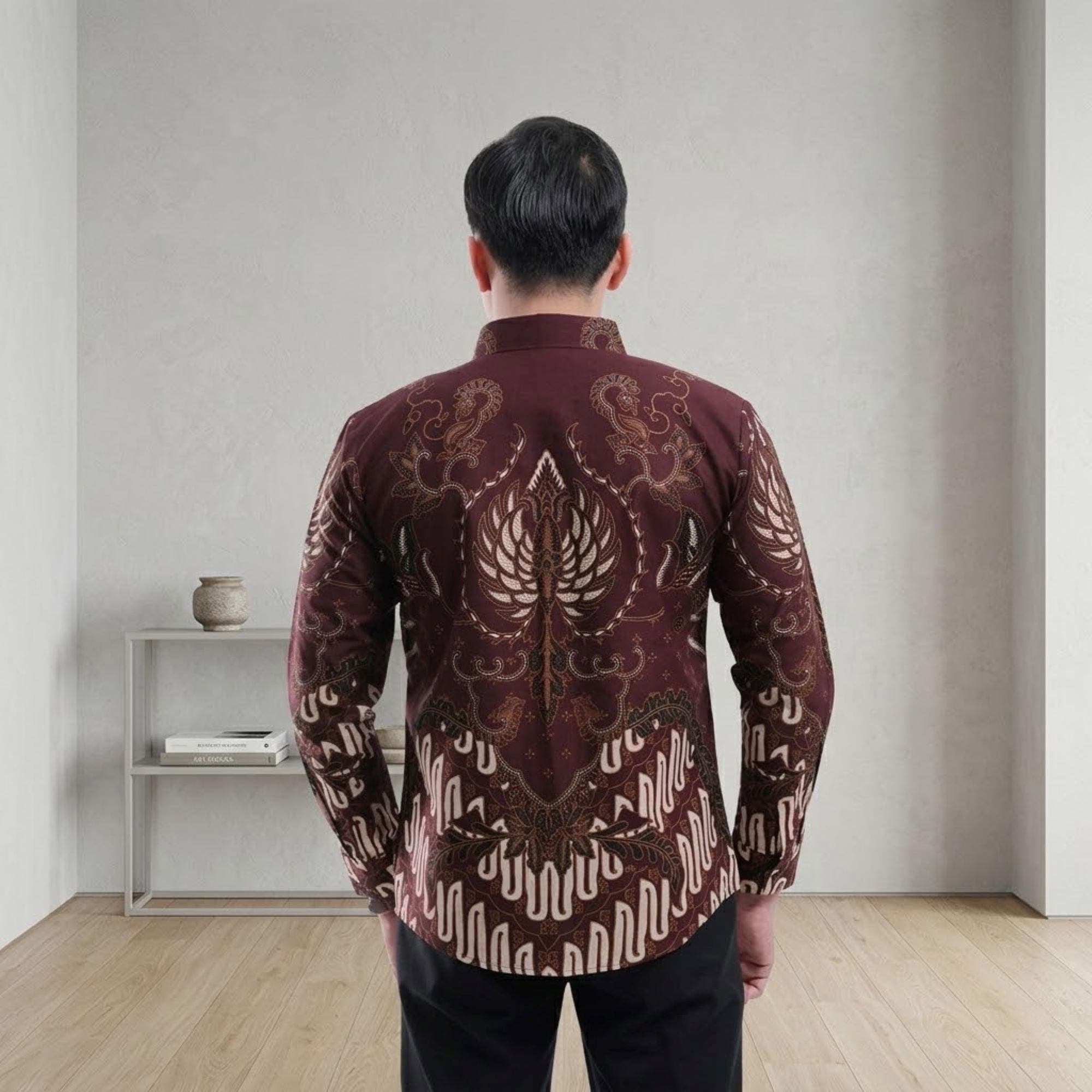 Men's Burgundy Batik Shirt – Slim Fit Cotton, Long Sleeve, Traditional Indonesian Design - image 4