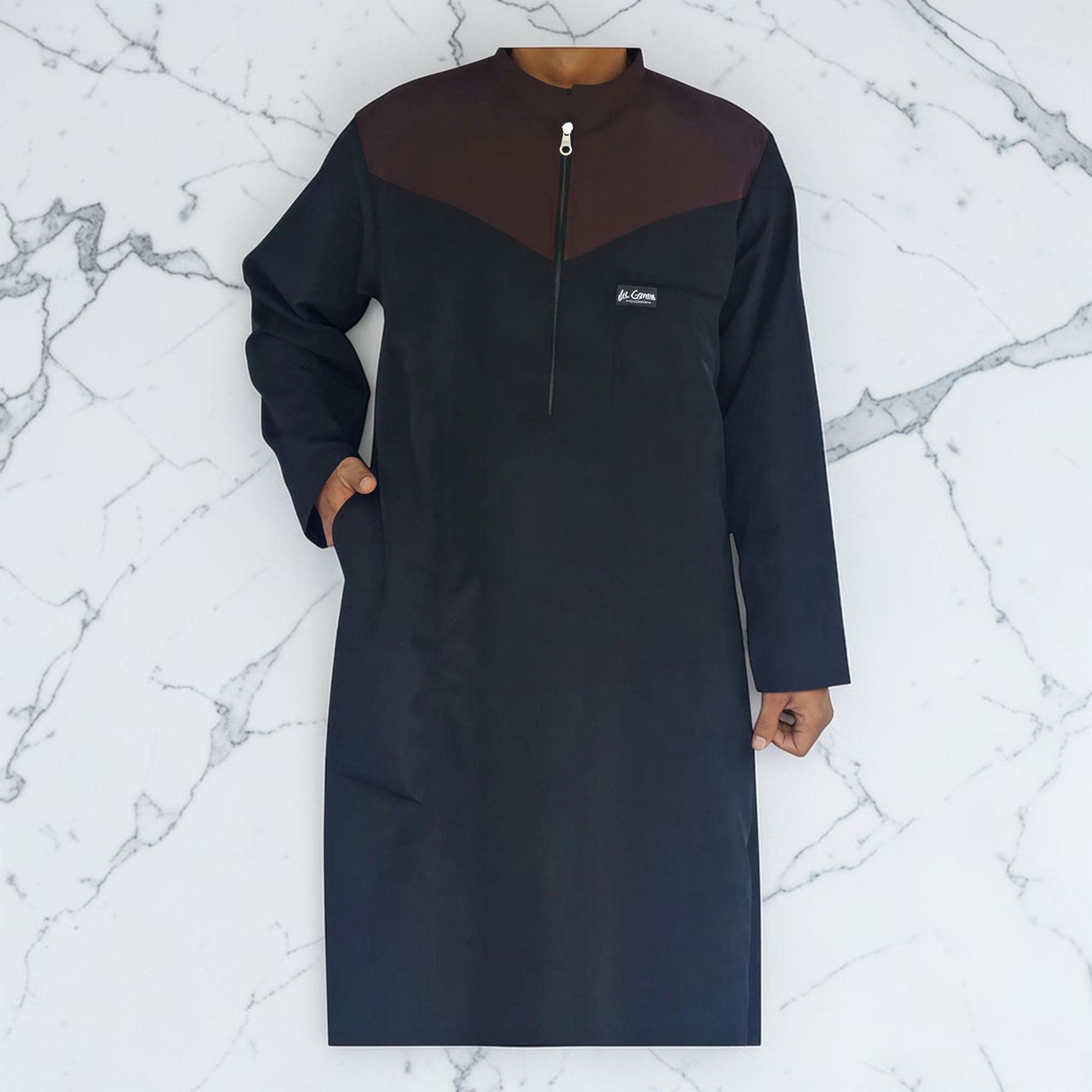 Al-Ginna Two-Tone Men's Thobe | Elegant Contrast Combination Jubba, Long Sleeve Muslim Gown