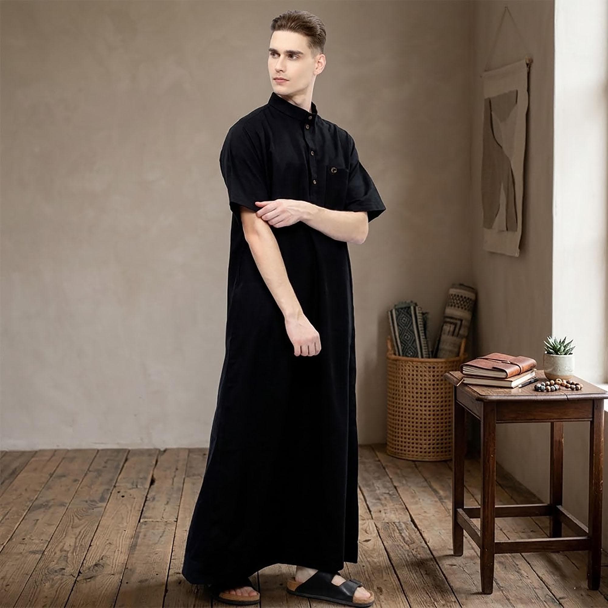 Men's Short Sleeve Thobe | Breathable Cotton Kaftan, Minimalist Arabic Jubba