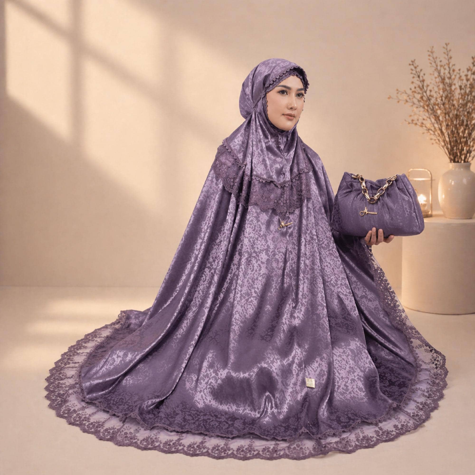 Silk Mukena Prayer Set with Elegant Lace Detailing – Indonesian Modest Wear - image 4