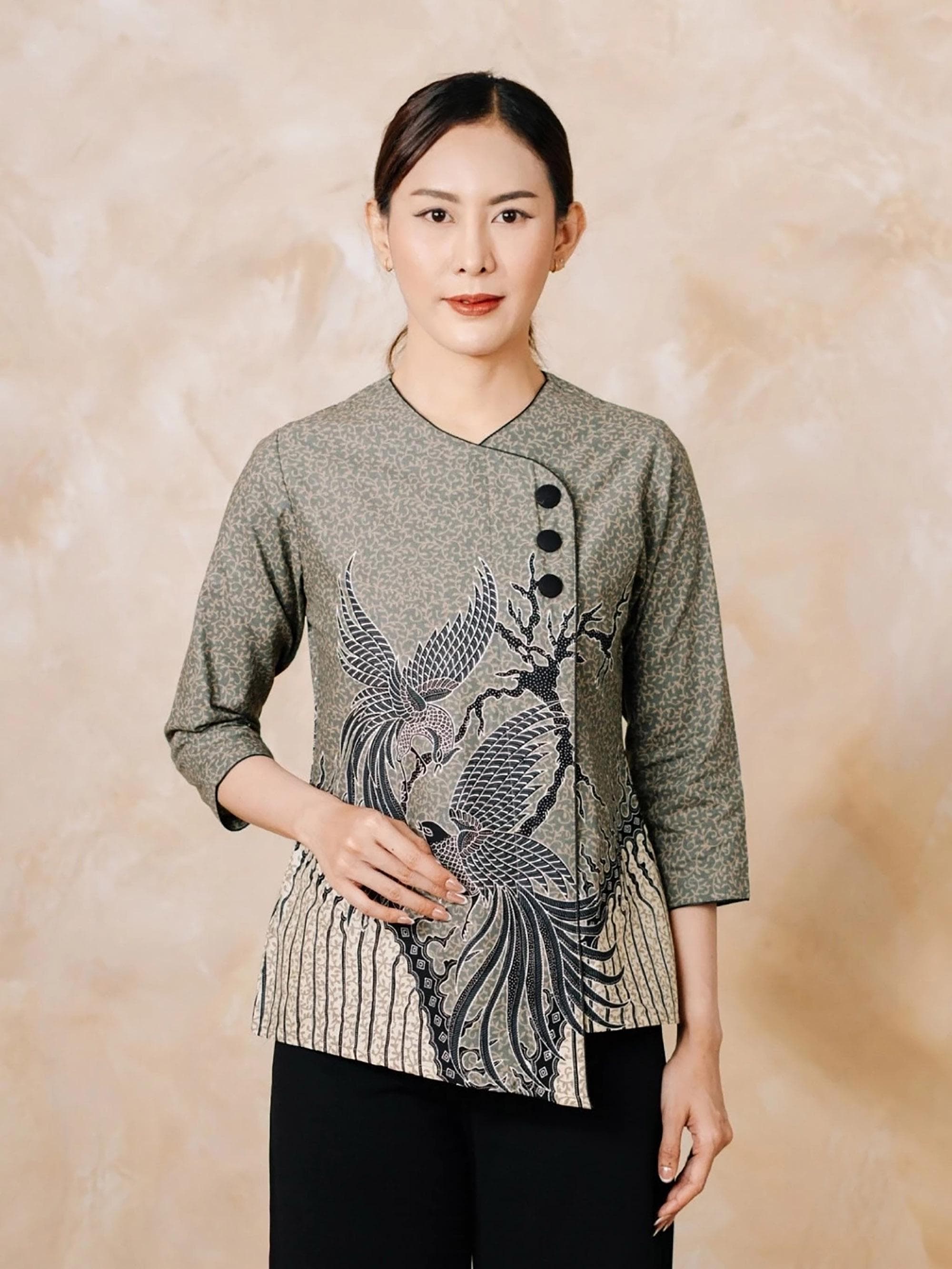 Grey Batik Blouse, Hand-Stamped Cotton Top, Indonesian Heritage Shirt, Elegant Workwear