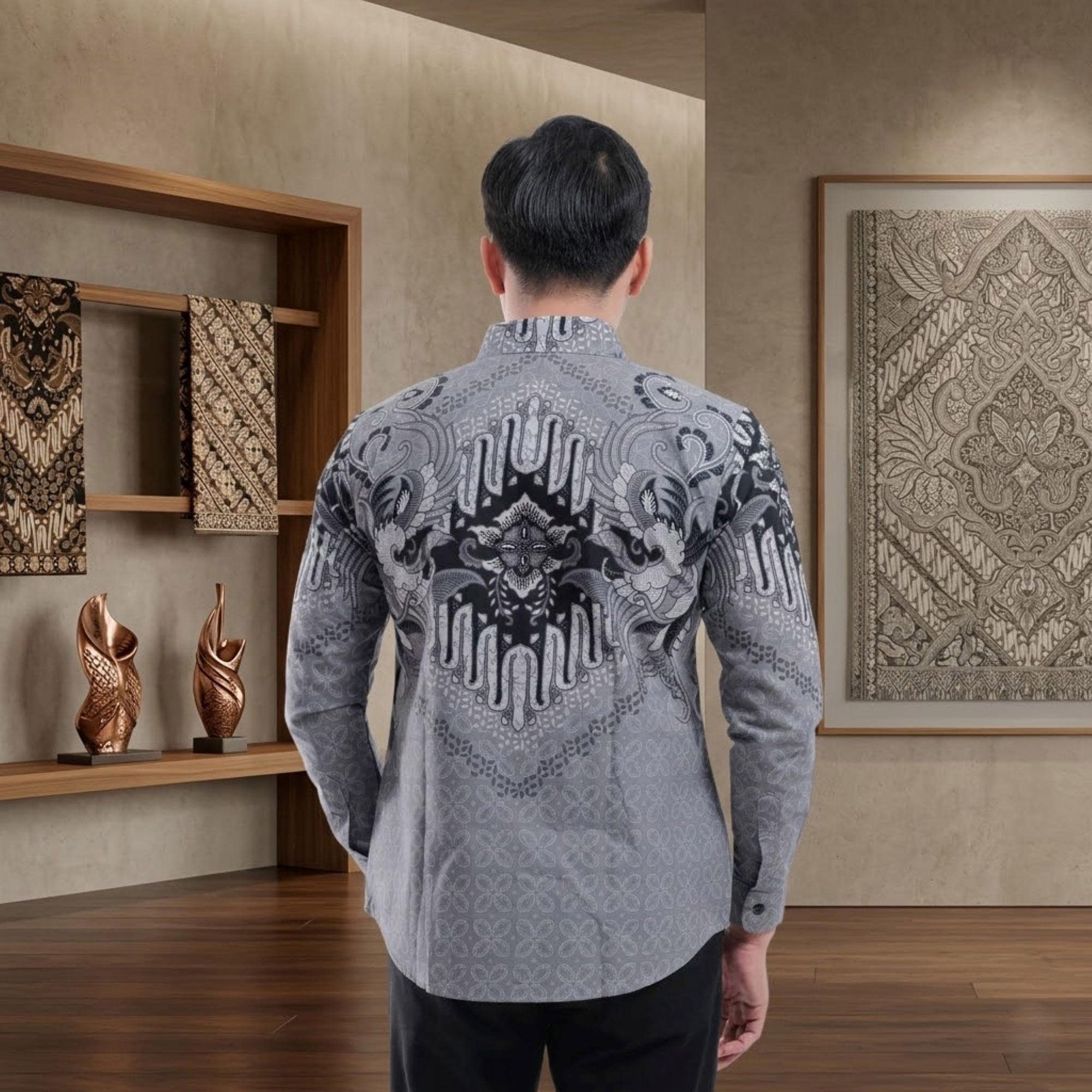 Men's Batik Shirt – Diraja Silver Motif, Long Sleeve, Slim Fit, Tricot Lining - image 4