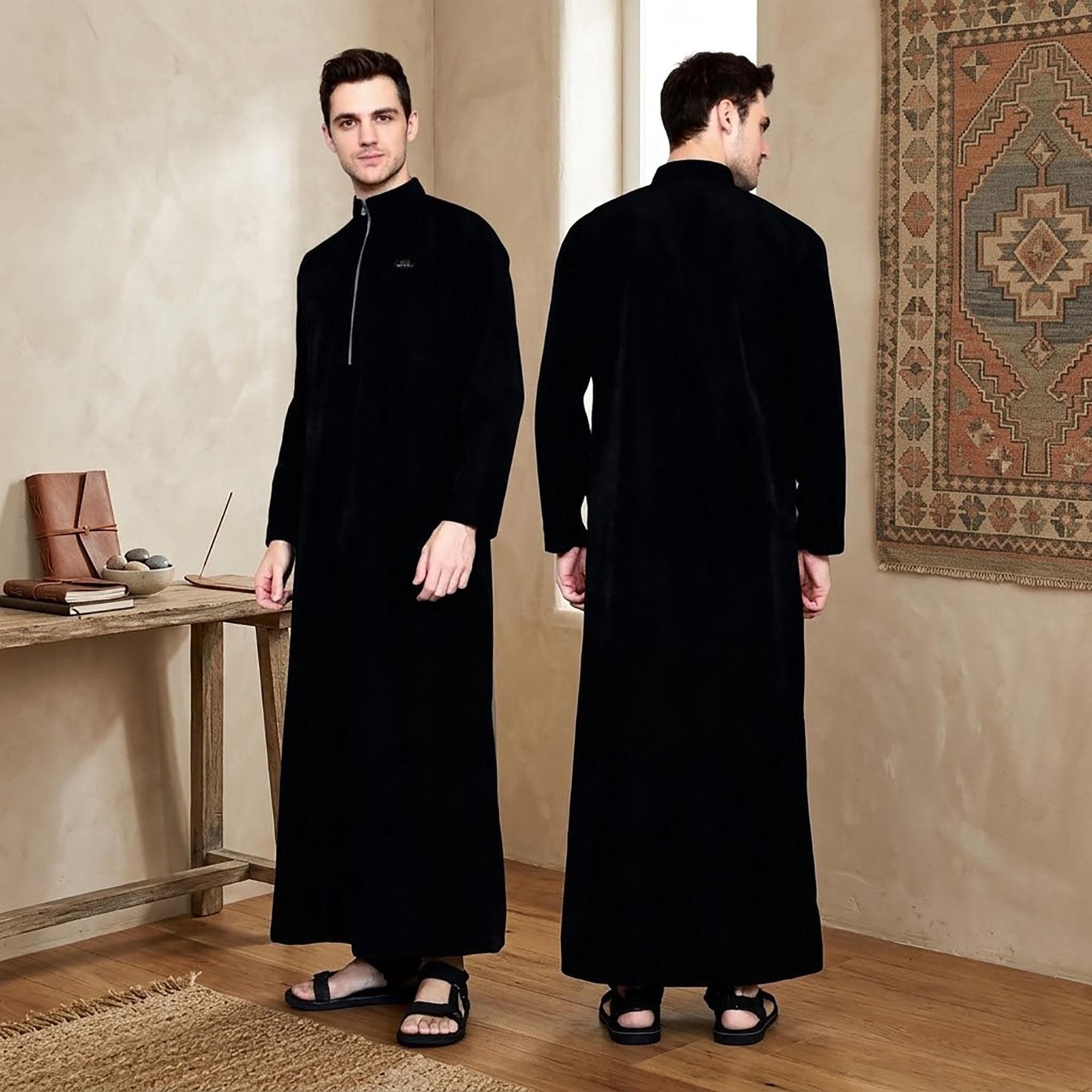 Men's Black Toyobo Cotton Thobe | Minimalist Arabic Kaftan Gown
