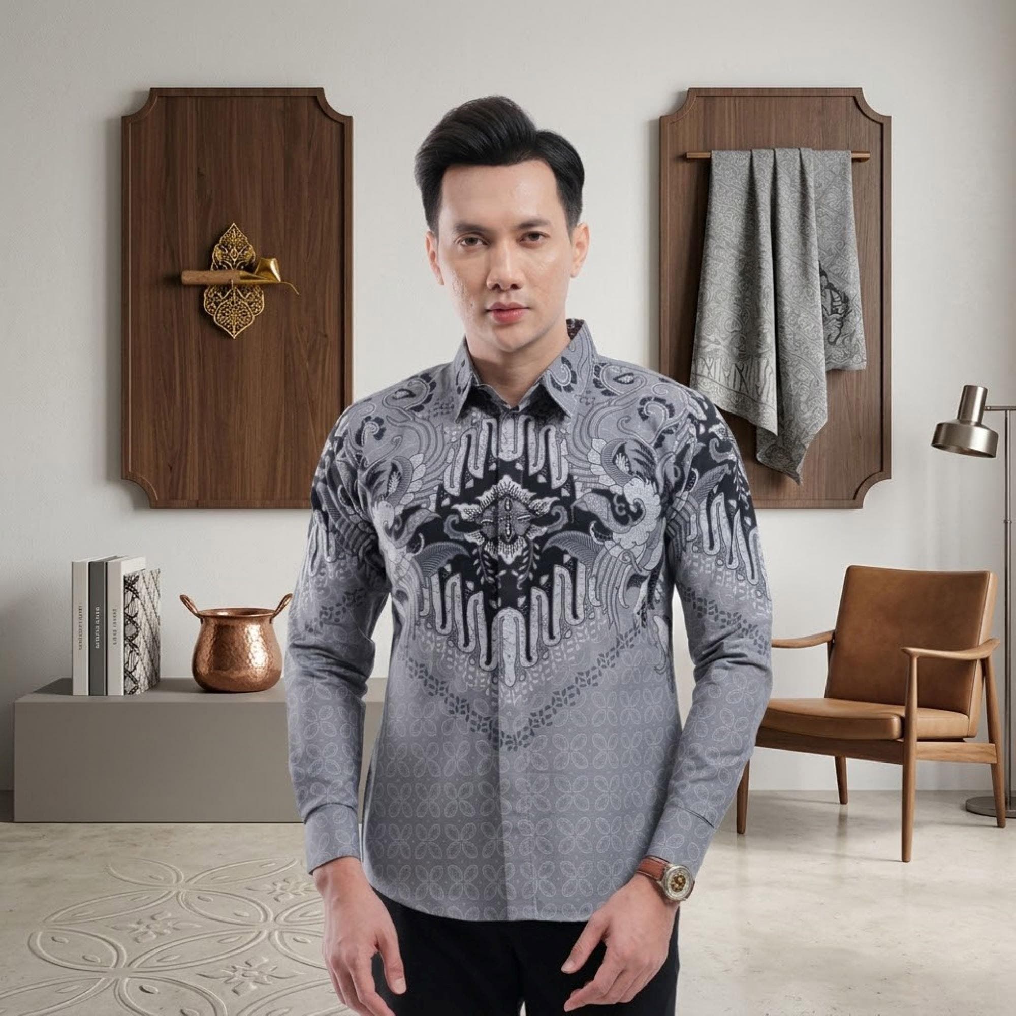 Men's Batik Shirt – Diraja Silver Motif, Long Sleeve, Slim Fit, Tricot Lining