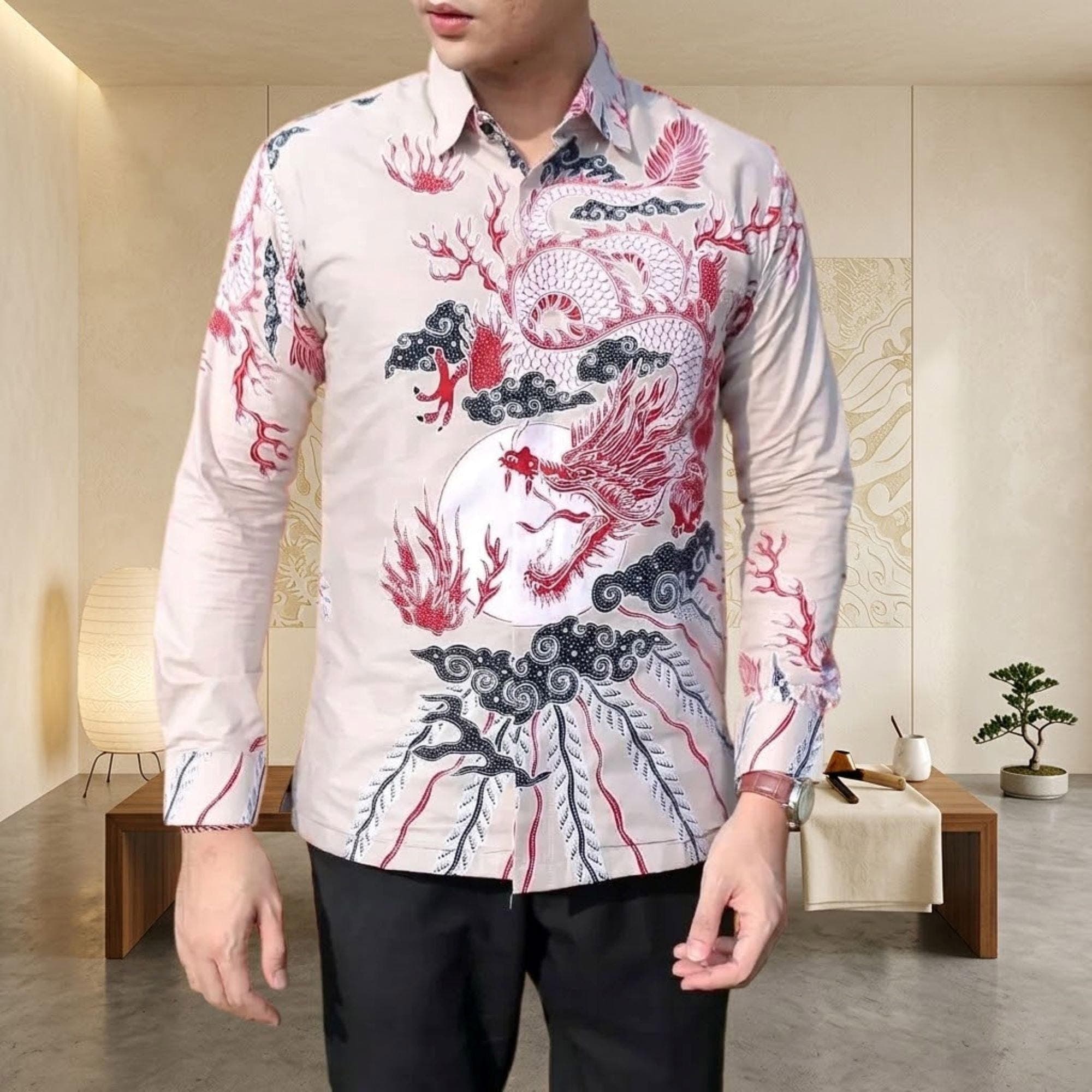 Men's Red Dragon Batik Shirt – Nogo Abang Javanese Cotton Long Sleeve - image 4
