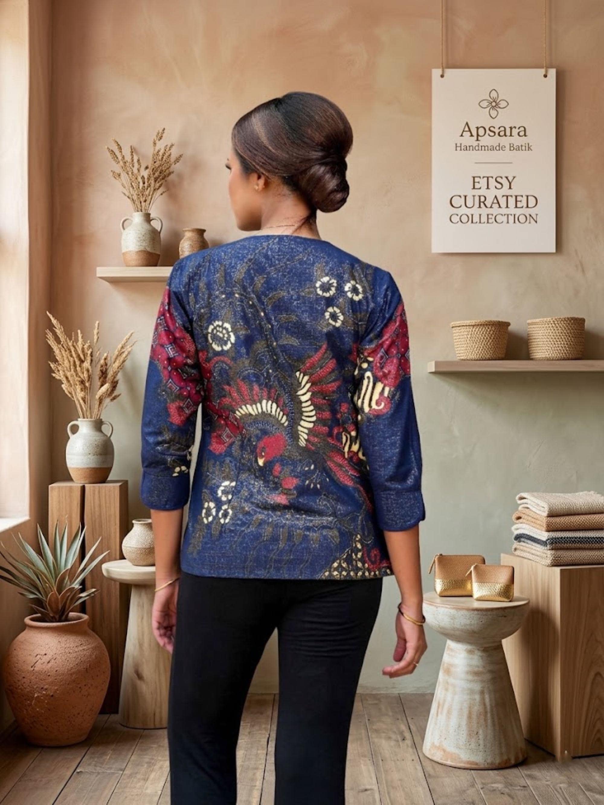 Blue Batik Blouse, Javanese Aksara Foil Print Top, Indonesian Ethnic Shirt - image 4