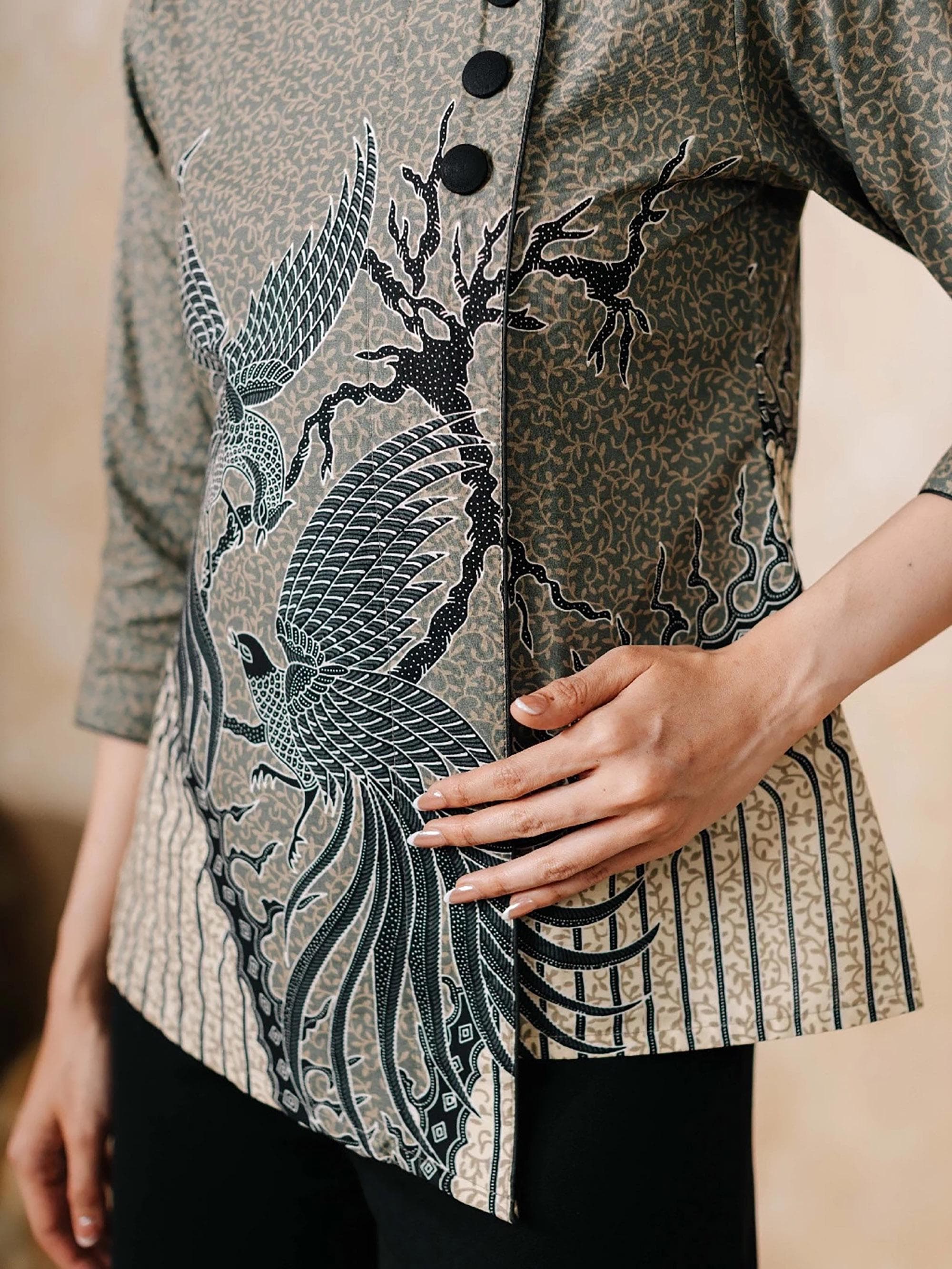 Grey Batik Blouse, Hand-Stamped Cotton Top, Indonesian Heritage Shirt, Elegant Workwear - image 4