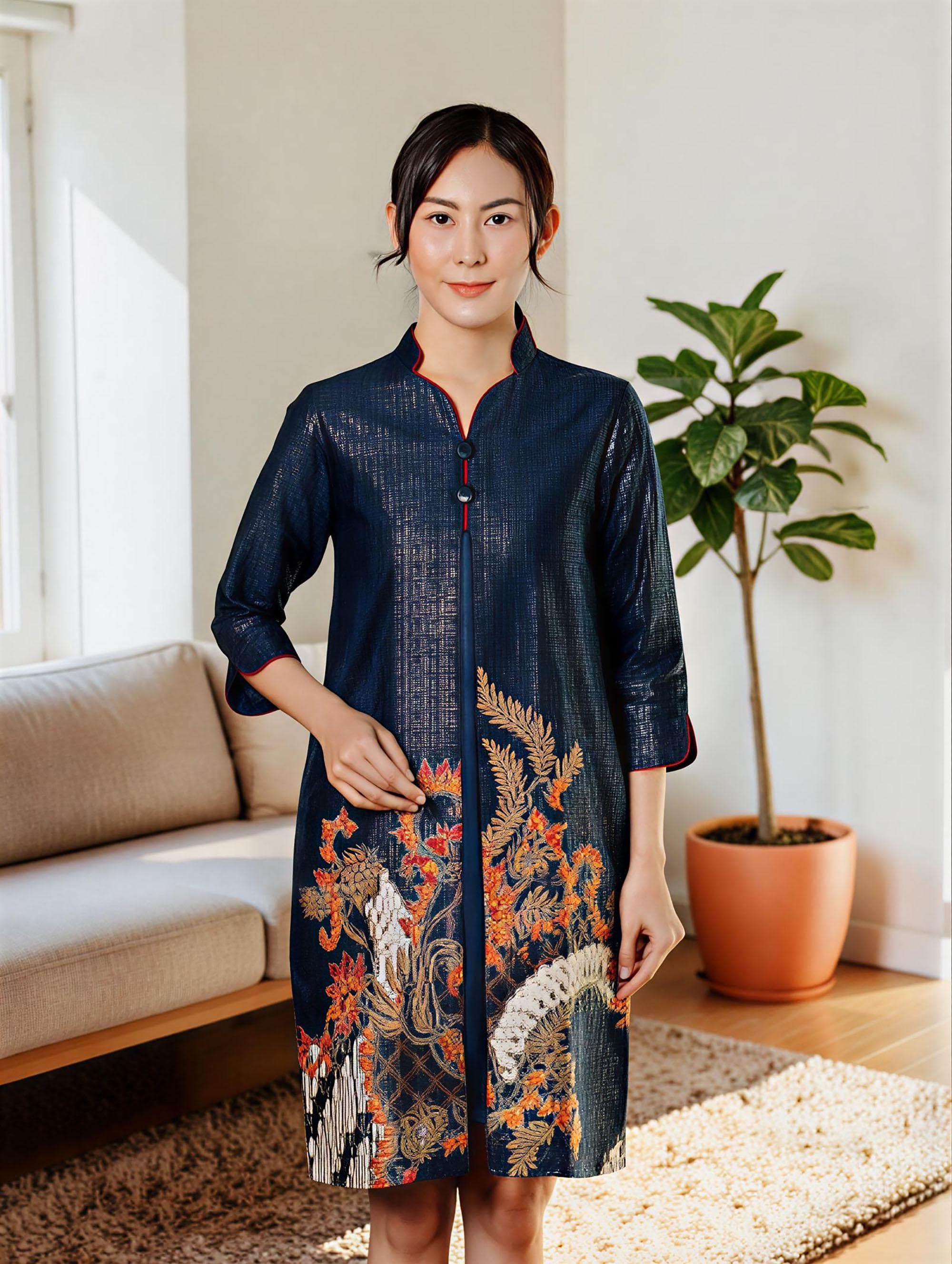 Navy Blue Batik Dress – Elegant Foil Print Cotton Midi Traditional Javanese Style