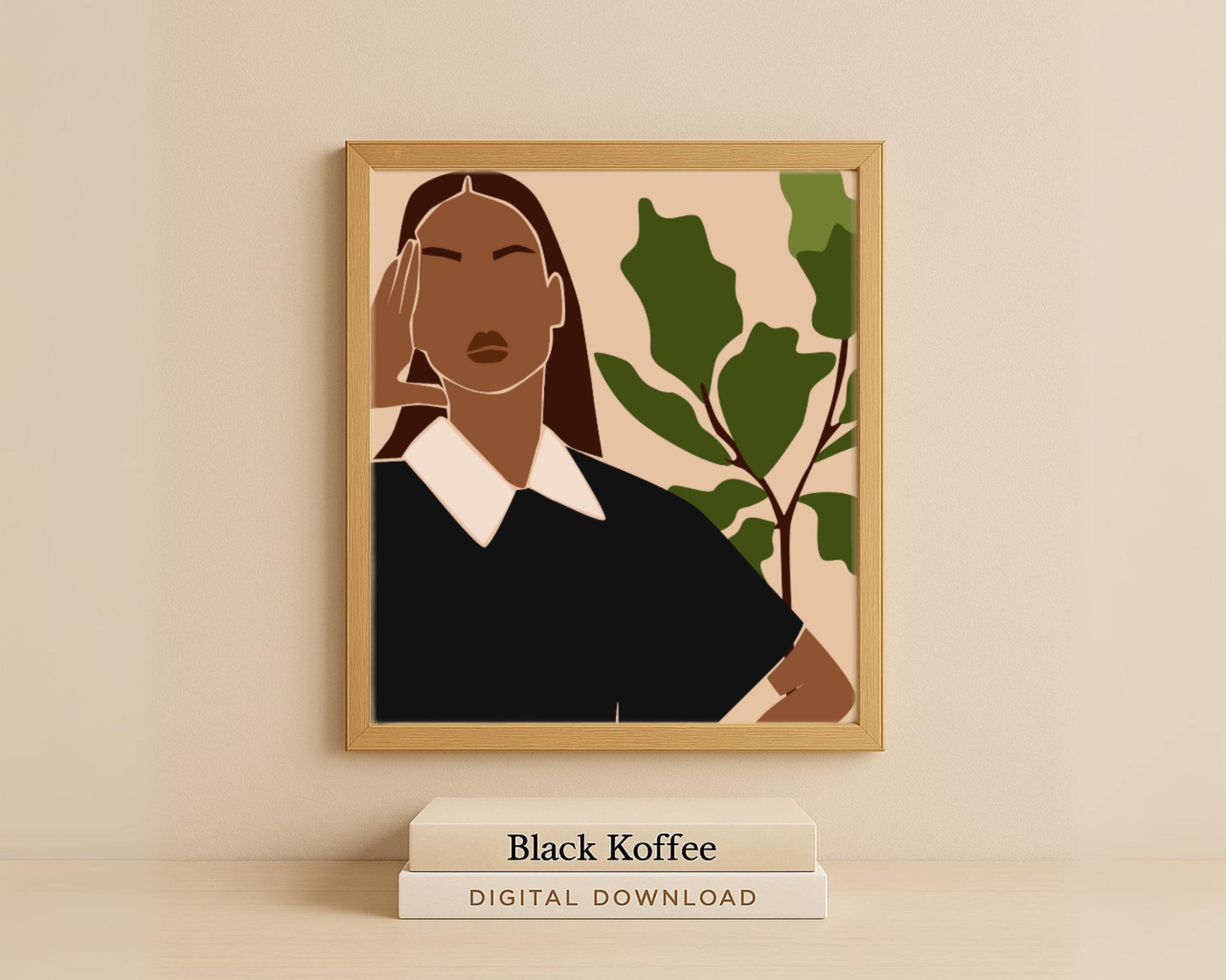 Black Woman Fashion Print – Editorial Botanical Illustration, Digital Download (A3/A4 + Free Phone Wallpaper)