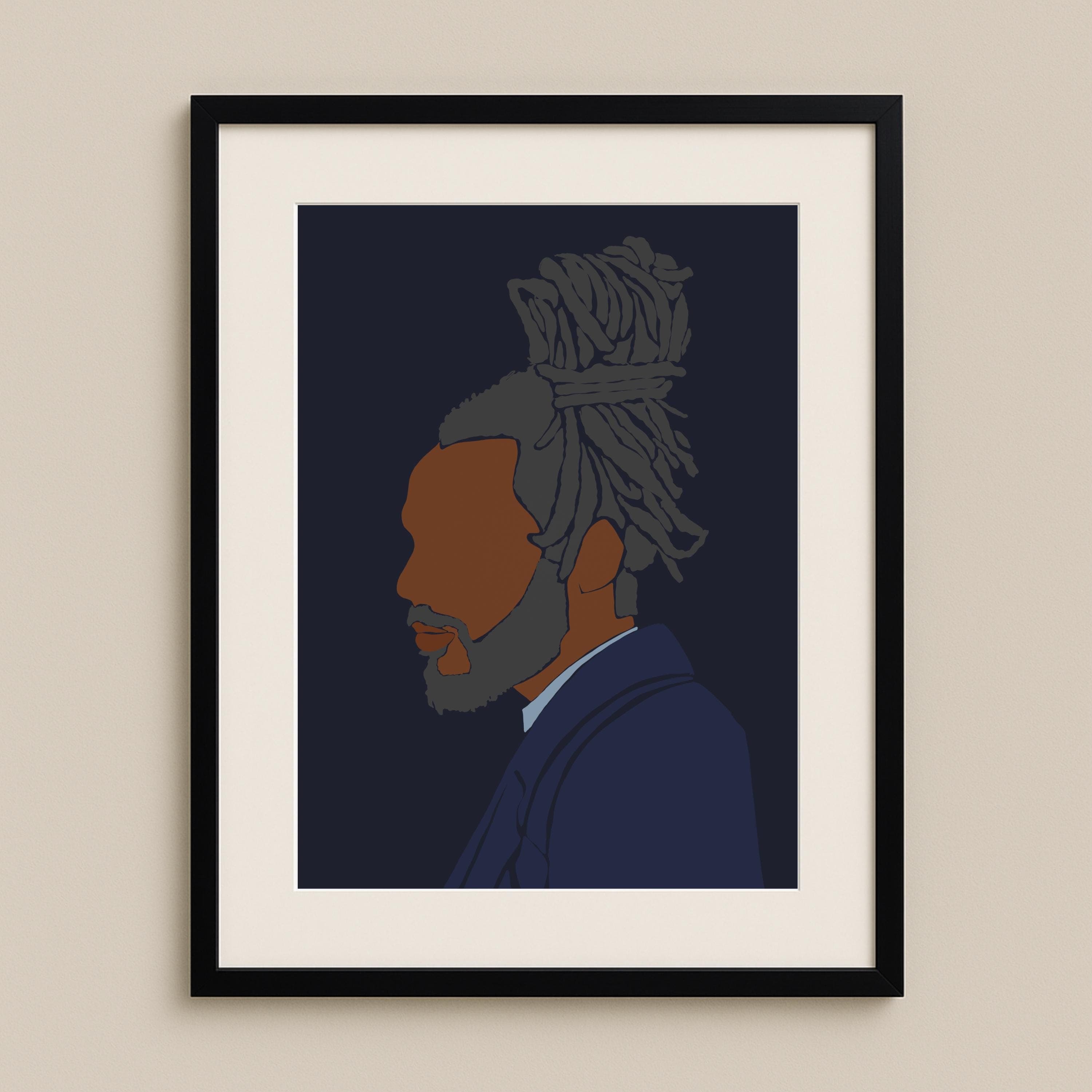 Black Man Afrocentric Portrait Print – Locs & Navy Suit, Bold Contemporary Wall Decor