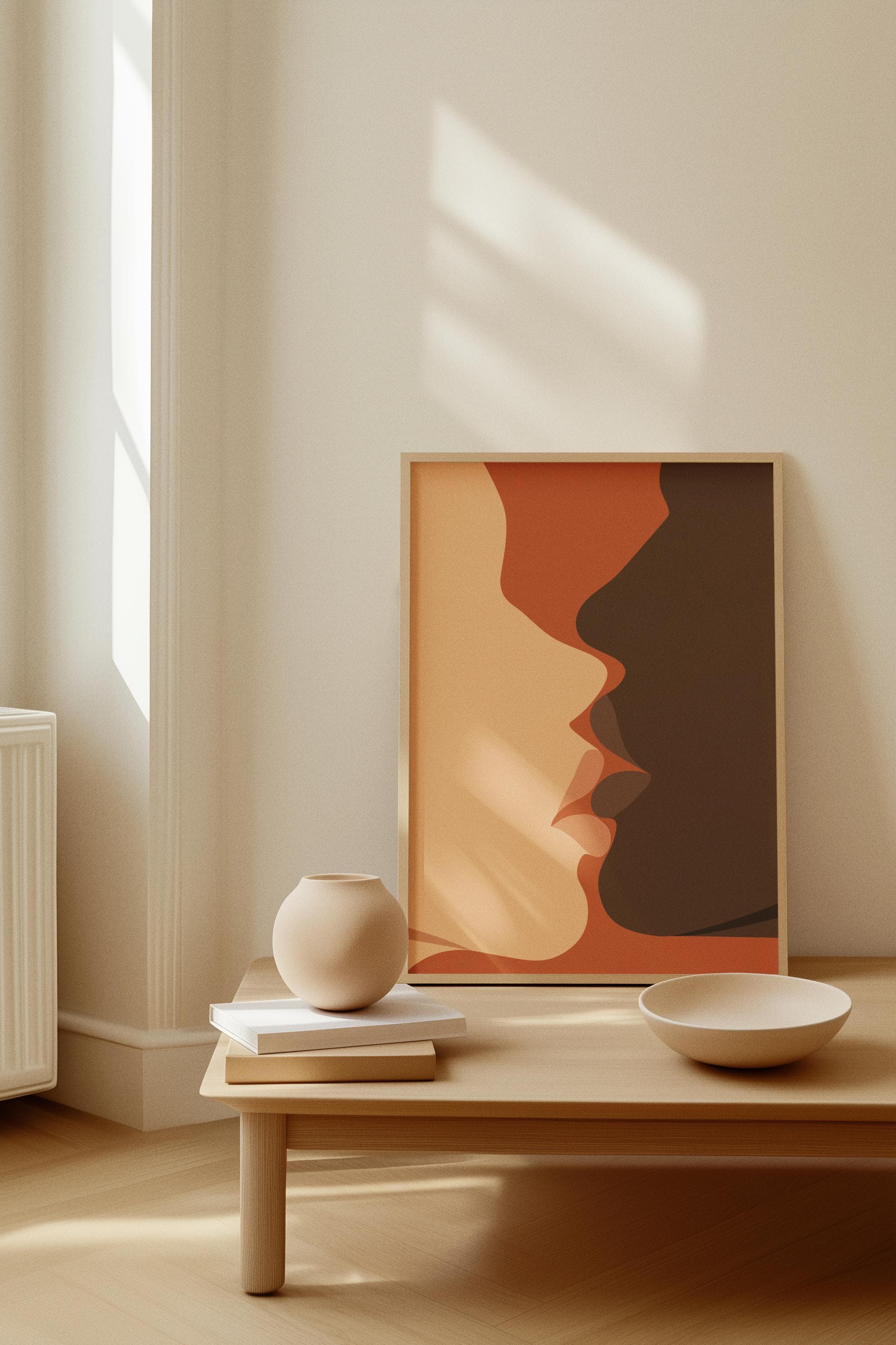 Abstract Kiss Couple Art Print – Minimalist Romantic Boho Wall Decor (A3 Poster)
