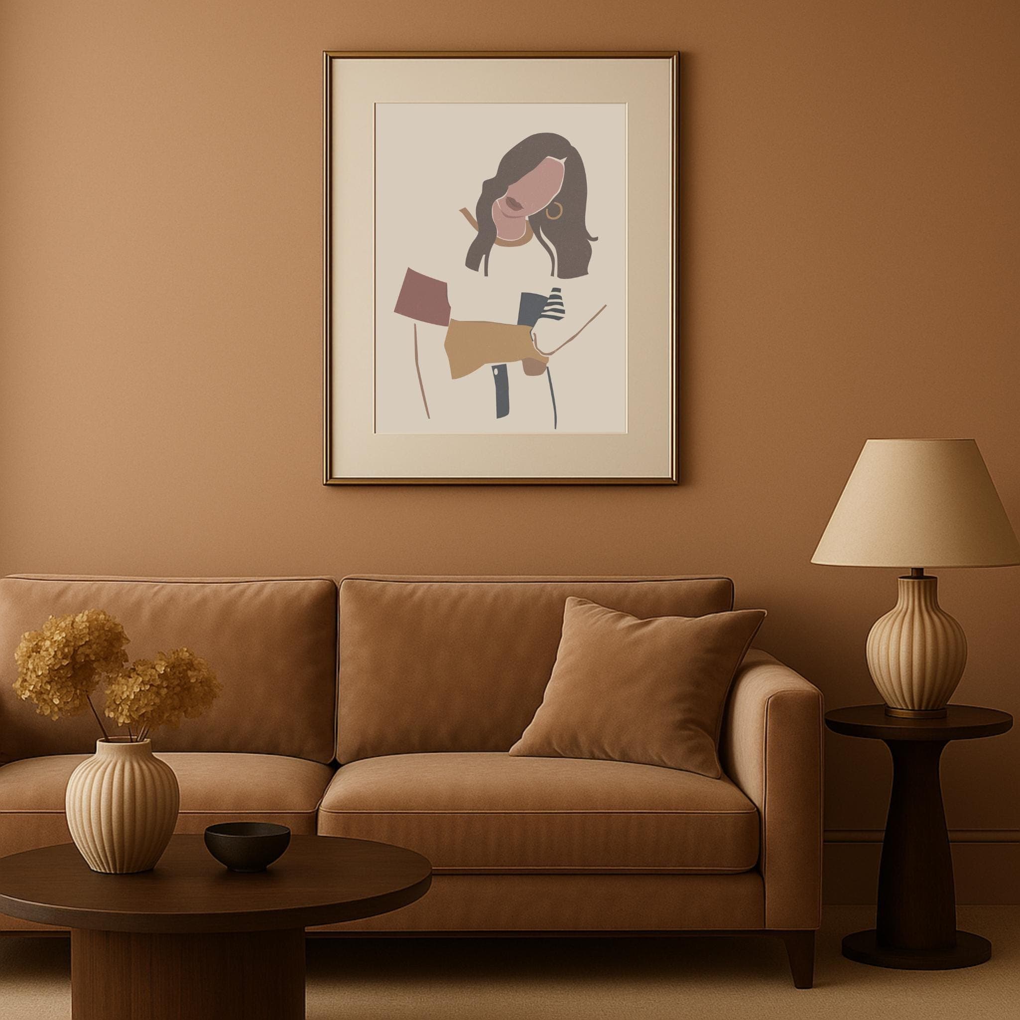 Modern Boho Woman Art Print – Neutral Fashion Illustration, Coffee Lover Wall Art (A3 Poster) - image 4