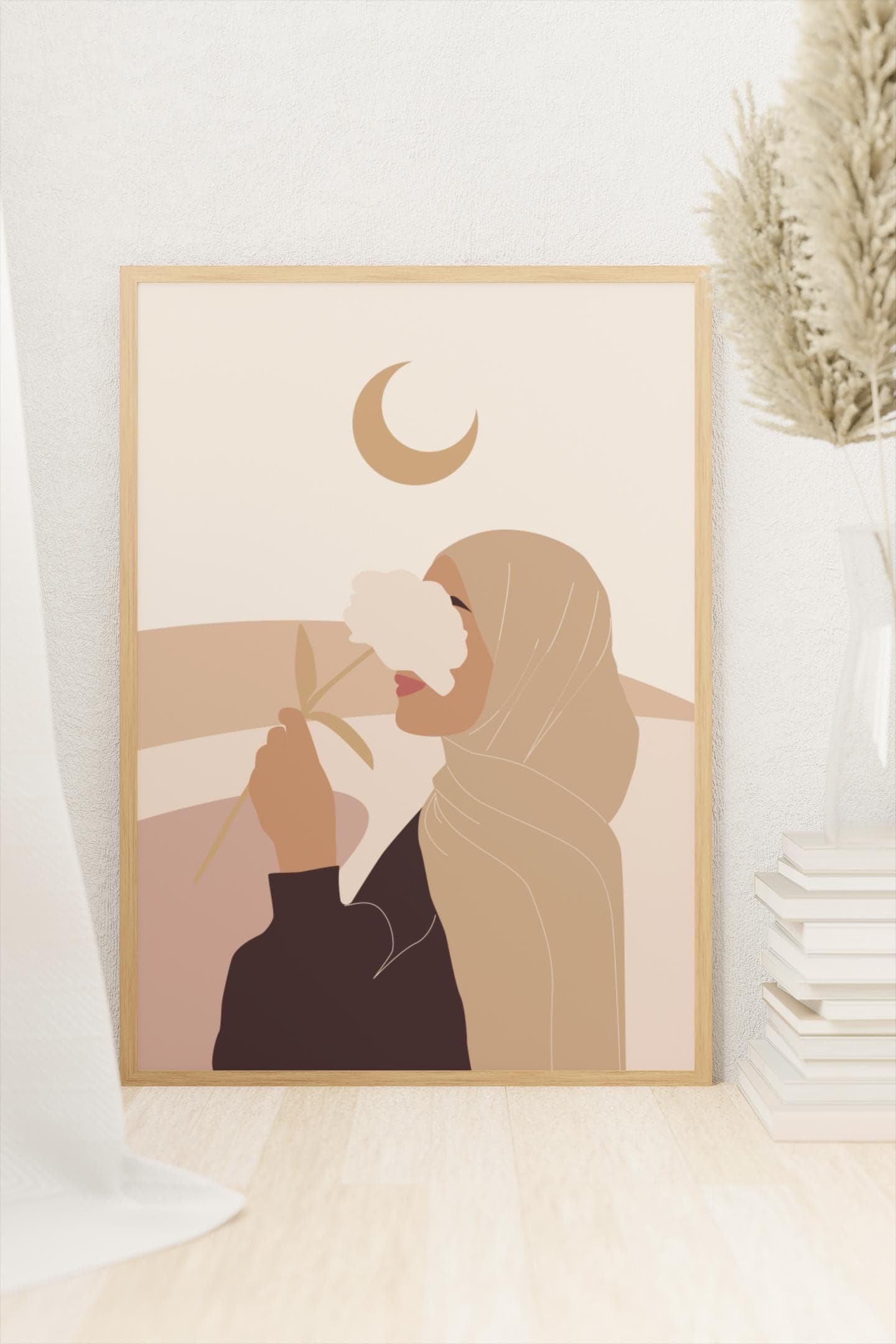 Hijab Wall Art Print β Boho Crescent Moon Muslim Illustration, Scandi Minimalist Decor A3