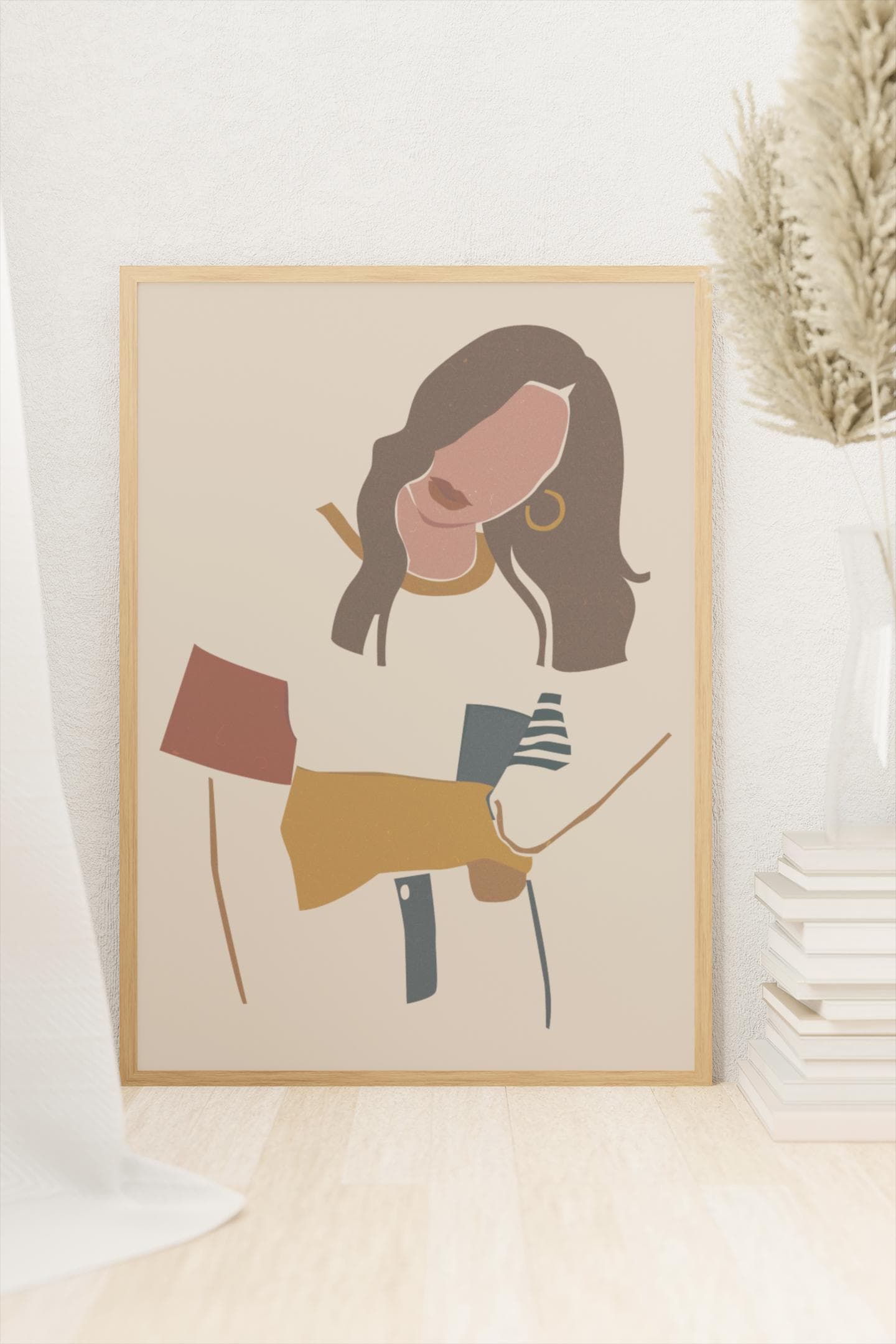 Modern Boho Woman Art Print – Neutral Fashion Illustration, Coffee Lover Wall Art (A3 Poster)
