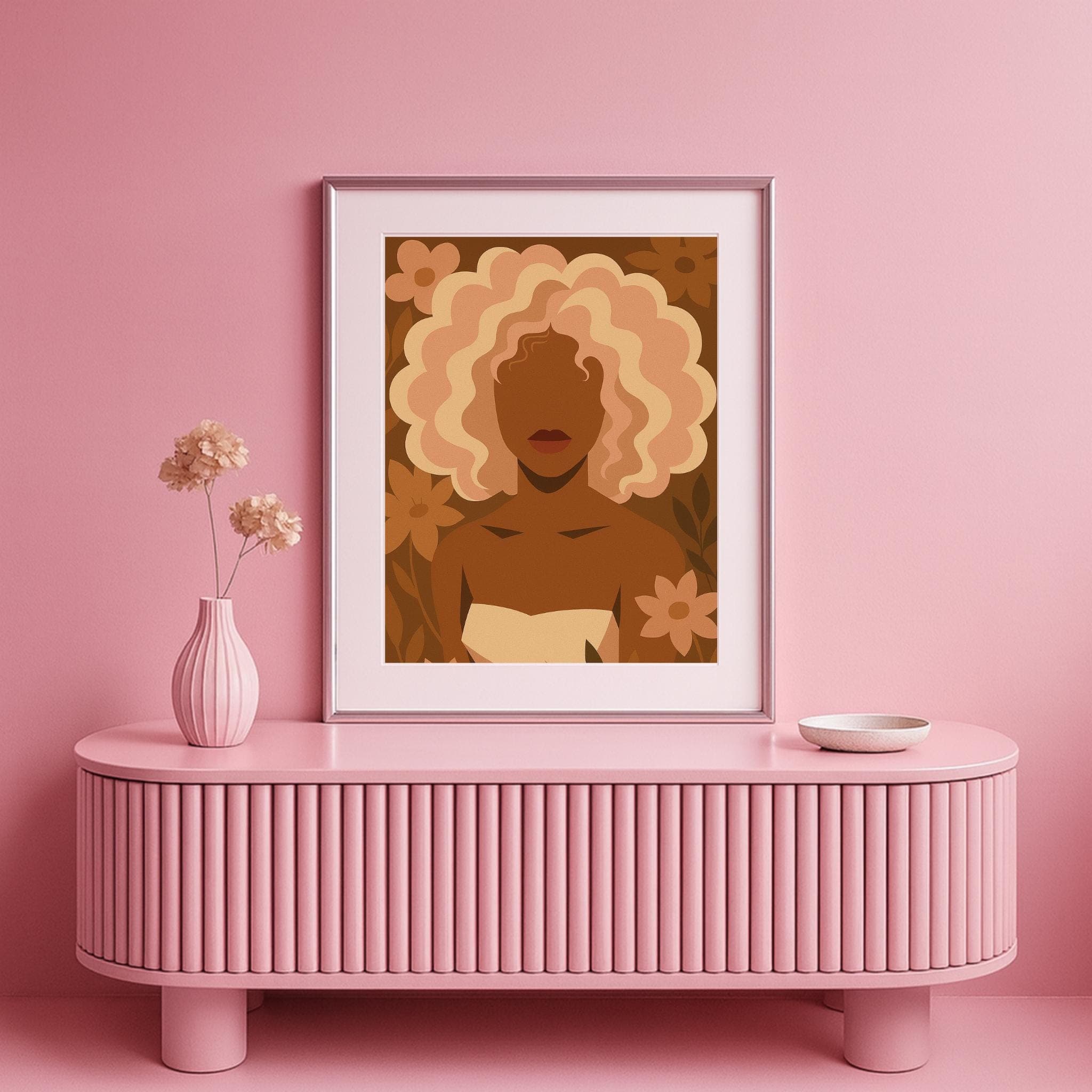 Afrocentric Woman Art Print – Blonde Afro Illustration, Floral Boho Wall Decor