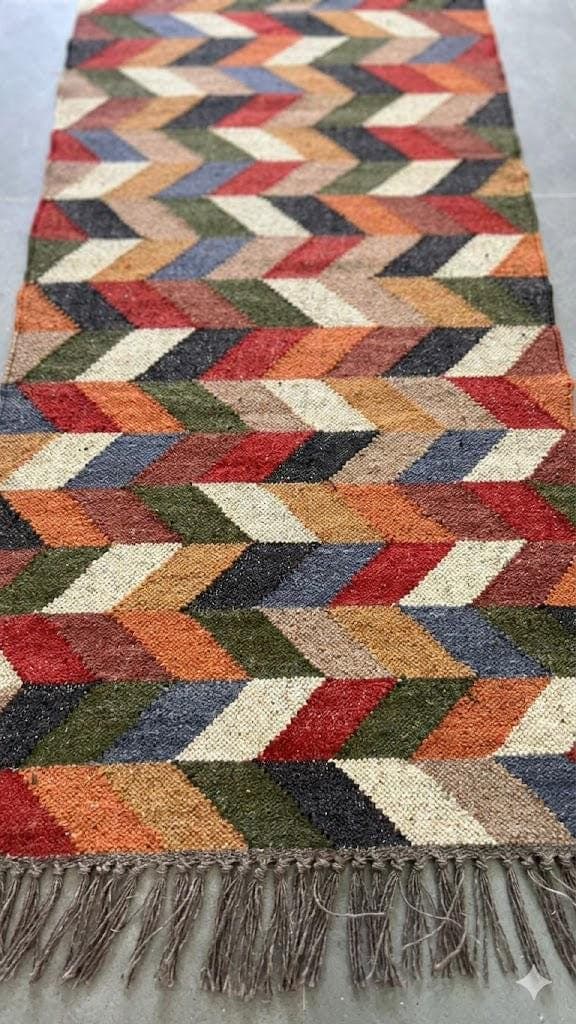 Handwoven Wool & Jute Stair Runner Rug | Geometric Chevron Colorful Stair Carpet | Boho Tribal Hallway Runner | Modern Staircase Rug - image 3