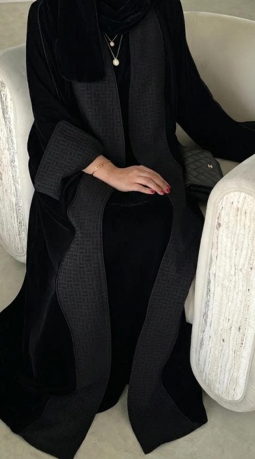 Noir Velvet Abaya, Open abaya with unique patterned lapels. - image 5