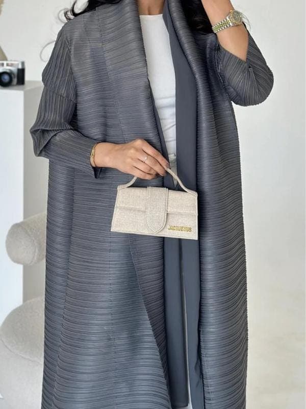 Gray Pleated Abaya - Kimono Style Open Front, Modest Fashion - image 4
