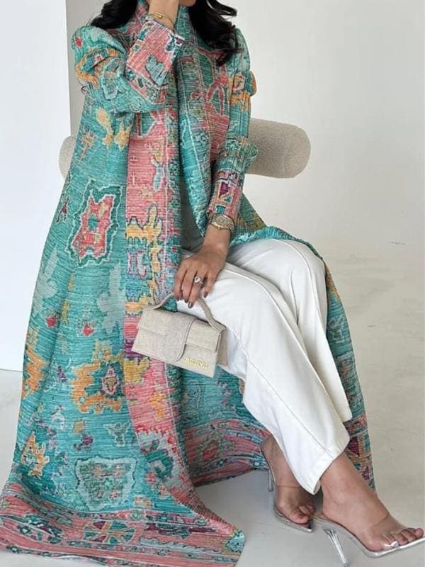 Peacock Print Pleated Abaya - Kimono Style Modest Coat - image 3