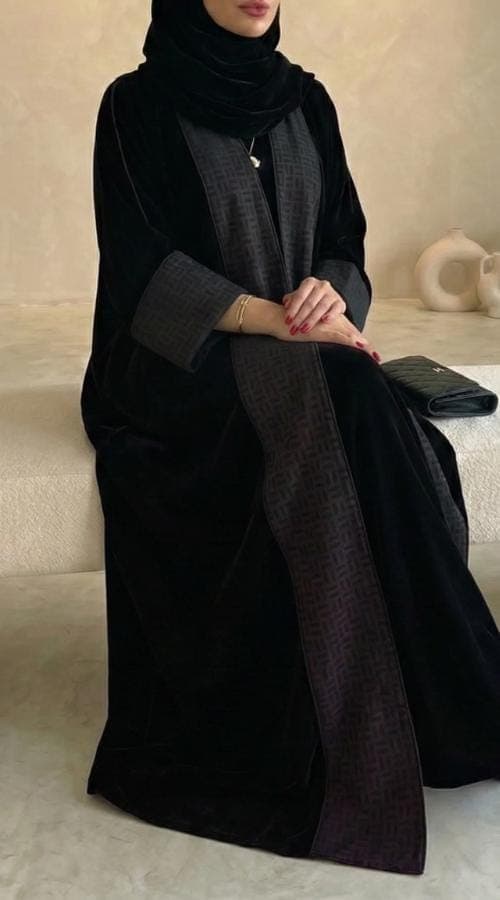 Noir Velvet Abaya, Open abaya with unique patterned lapels. - image 4