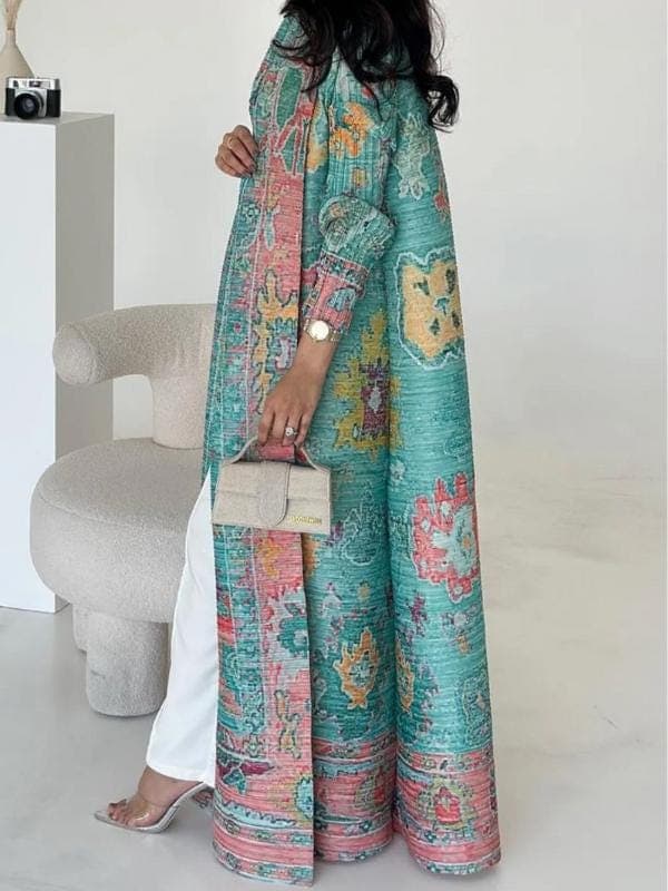 Peacock Print Pleated Abaya - Kimono Style Modest Coat
