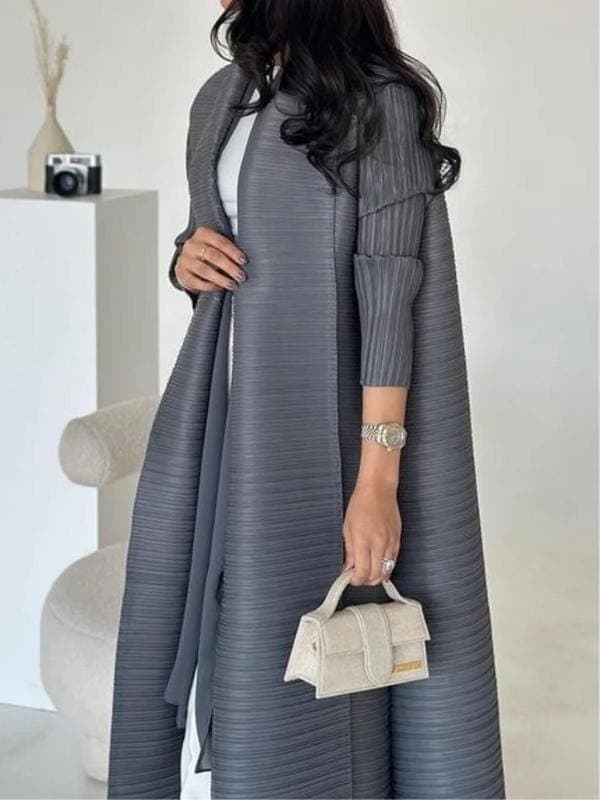 Gray Pleated Abaya - Kimono Style Open Front, Modest Fashion - image 3