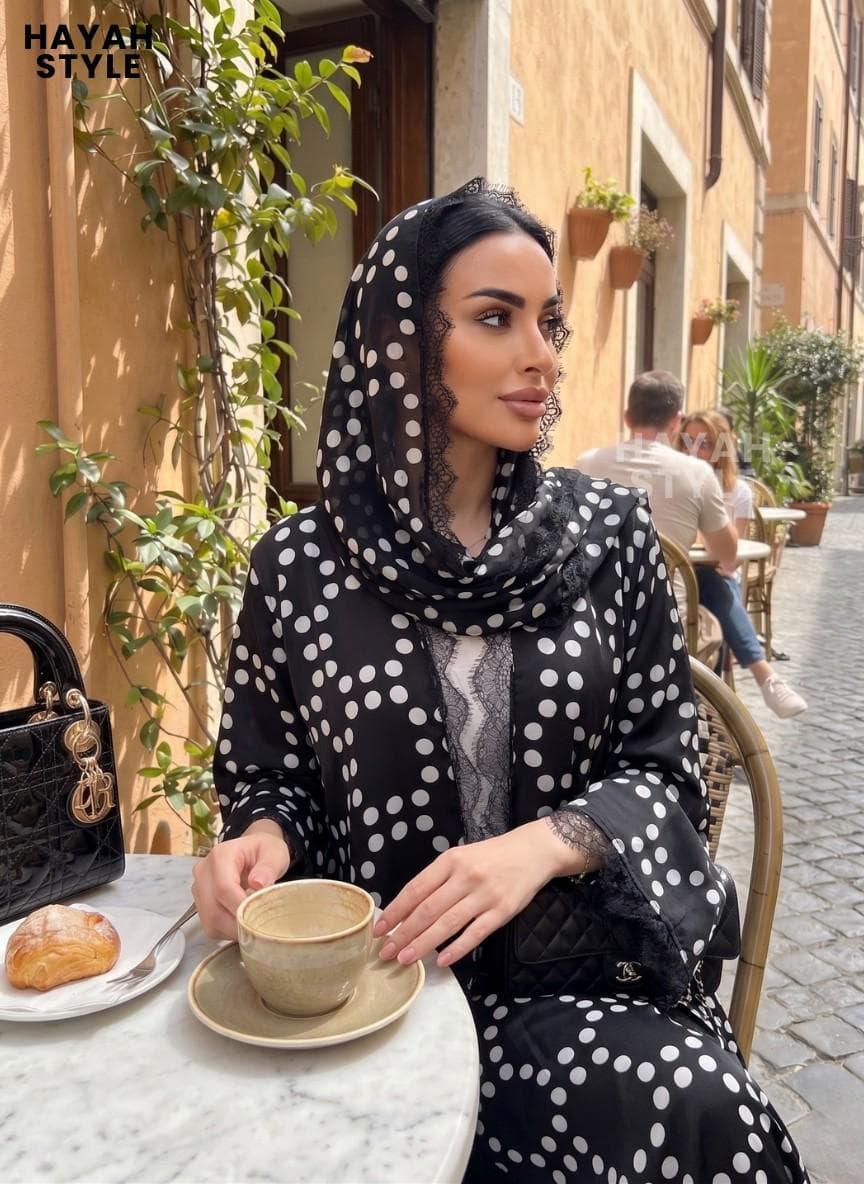 Polka Dot Chiffon Abaya Set with Matching Headscarf: Lace Abaya 2 piece, Modest Muslim Outfit, Elegant Abaya Set, Eid Outfit, Dubai Style - image 5