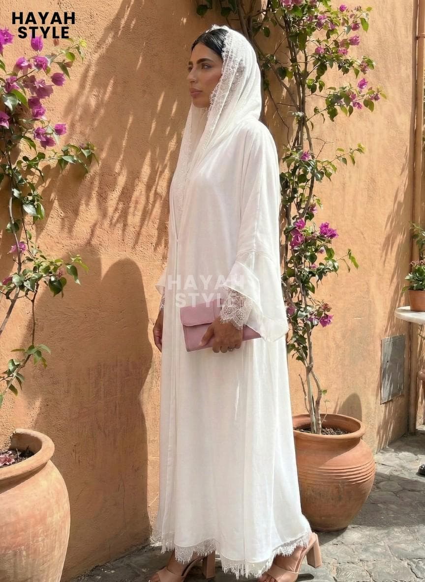 White Chiffon Lace Abaya And Matching Hijab: Abaya Set, Modest Islamic Clothing - image 3