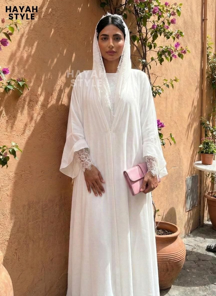 White Chiffon Lace Abaya And Matching Hijab: Abaya Set, Modest Islamic Clothing - image 5
