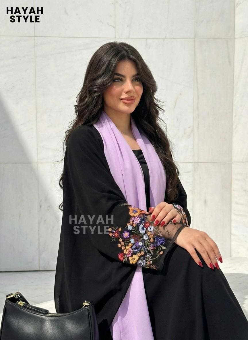 Black Open Abaya With Hijab: Butterfly Abaya With Embroidered Sleeves, Dubai Style Abaya - image 3