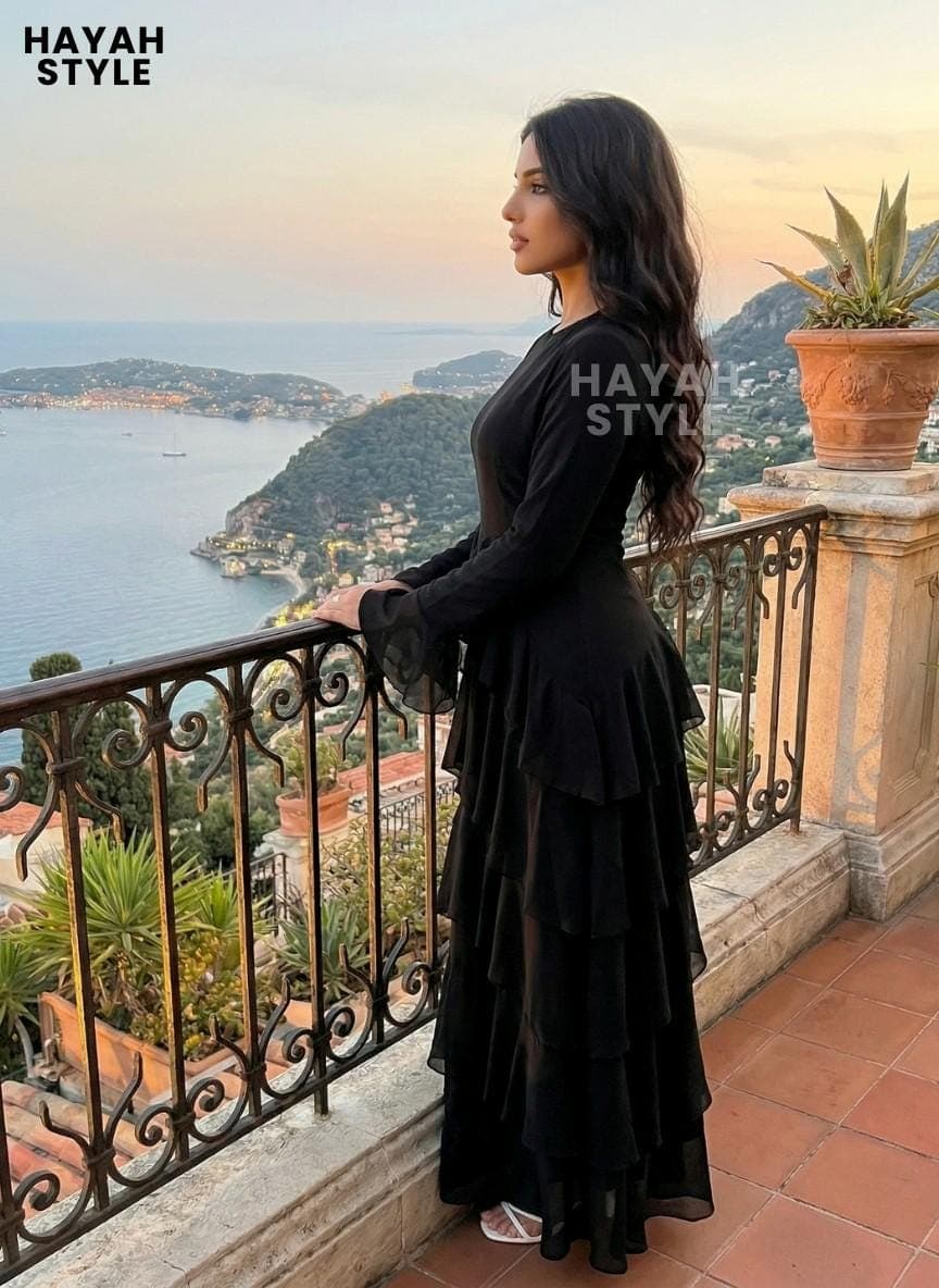 Chiffon Maxi Dress with Ruffle Layers: Elegant Long Sleeve Dress, Modest Evening Dress, Flowy Tiered Dress, Muslim Dress