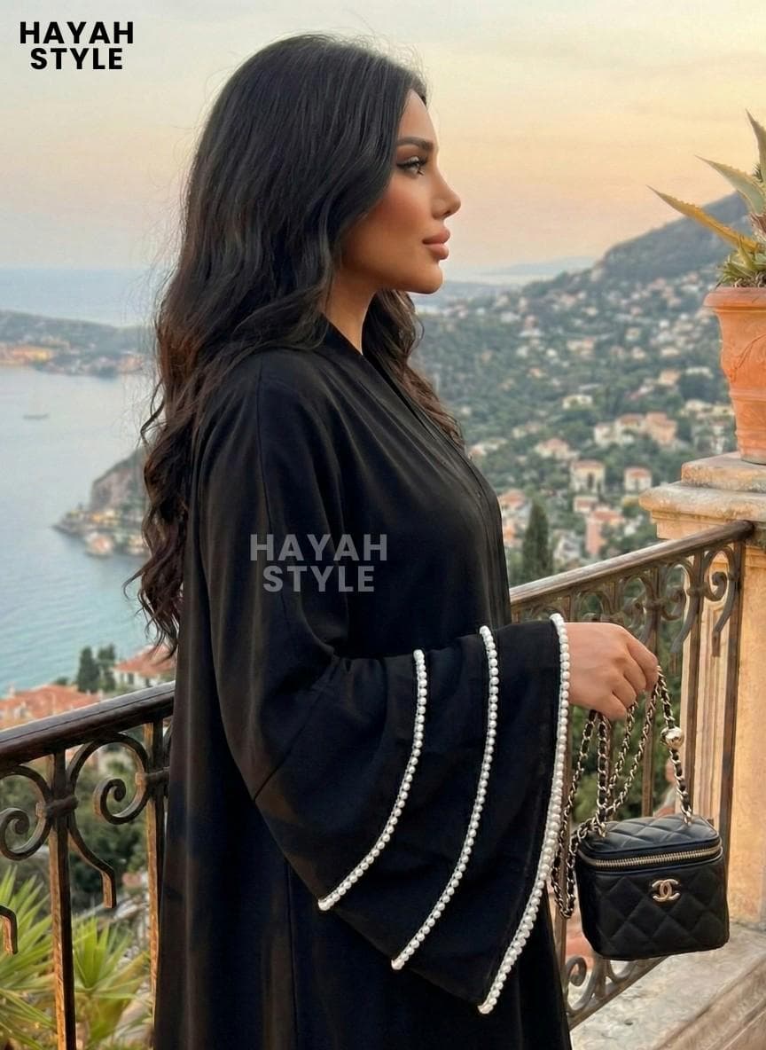 Black Open Abaya With Flared Sleeves: Beaded Pearl Cuffs, Eid Outfit, Modest Fashion - image 5