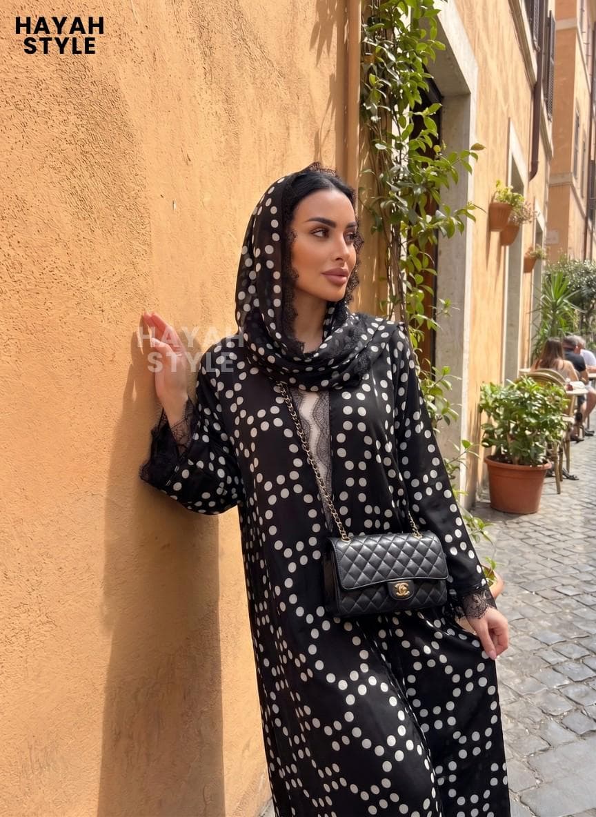 Polka Dot Chiffon Abaya Set with Matching Headscarf: Lace Abaya 2 piece, Modest Muslim Outfit, Elegant Abaya Set, Eid Outfit, Dubai Style - image 3