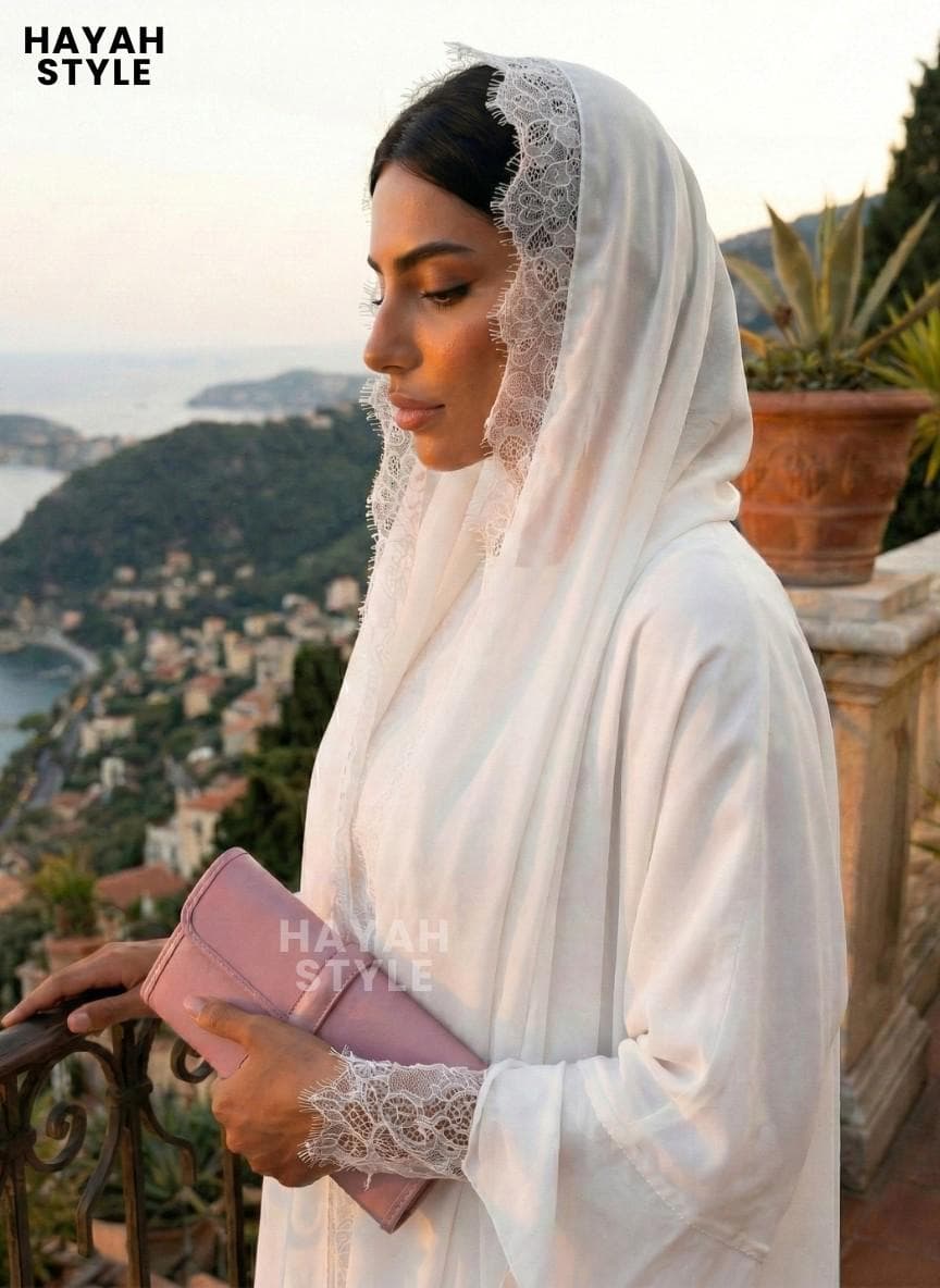 White Chiffon Lace Abaya And Matching Hijab: Abaya Set, Modest Islamic Clothing