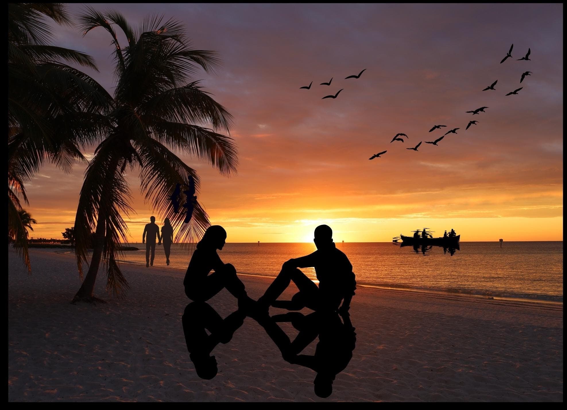 Romantic Beach Sunset Art Print, Tropical Palm Tree Silhouette (Digital Download)