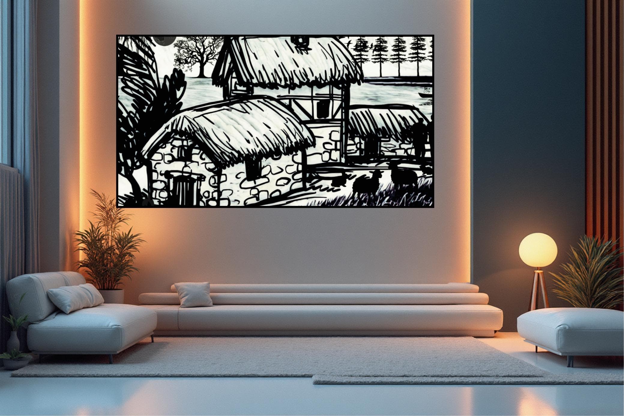 Country Cottage Sketch Print, Black and White Landscape (Digital Download)